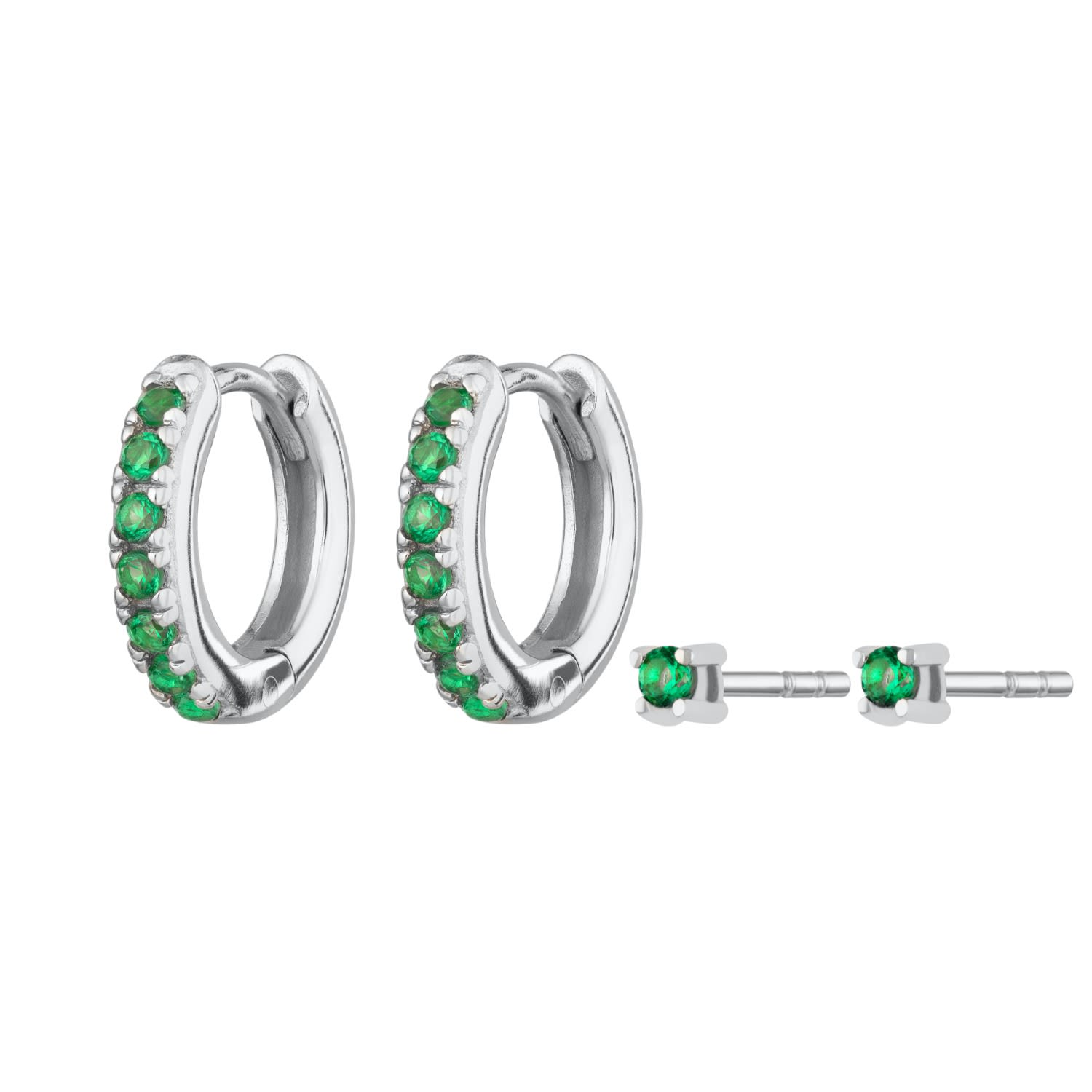 Scream Pretty Women's Silver Green Stone Huggie & Tiny Stud Earring Set In Silver