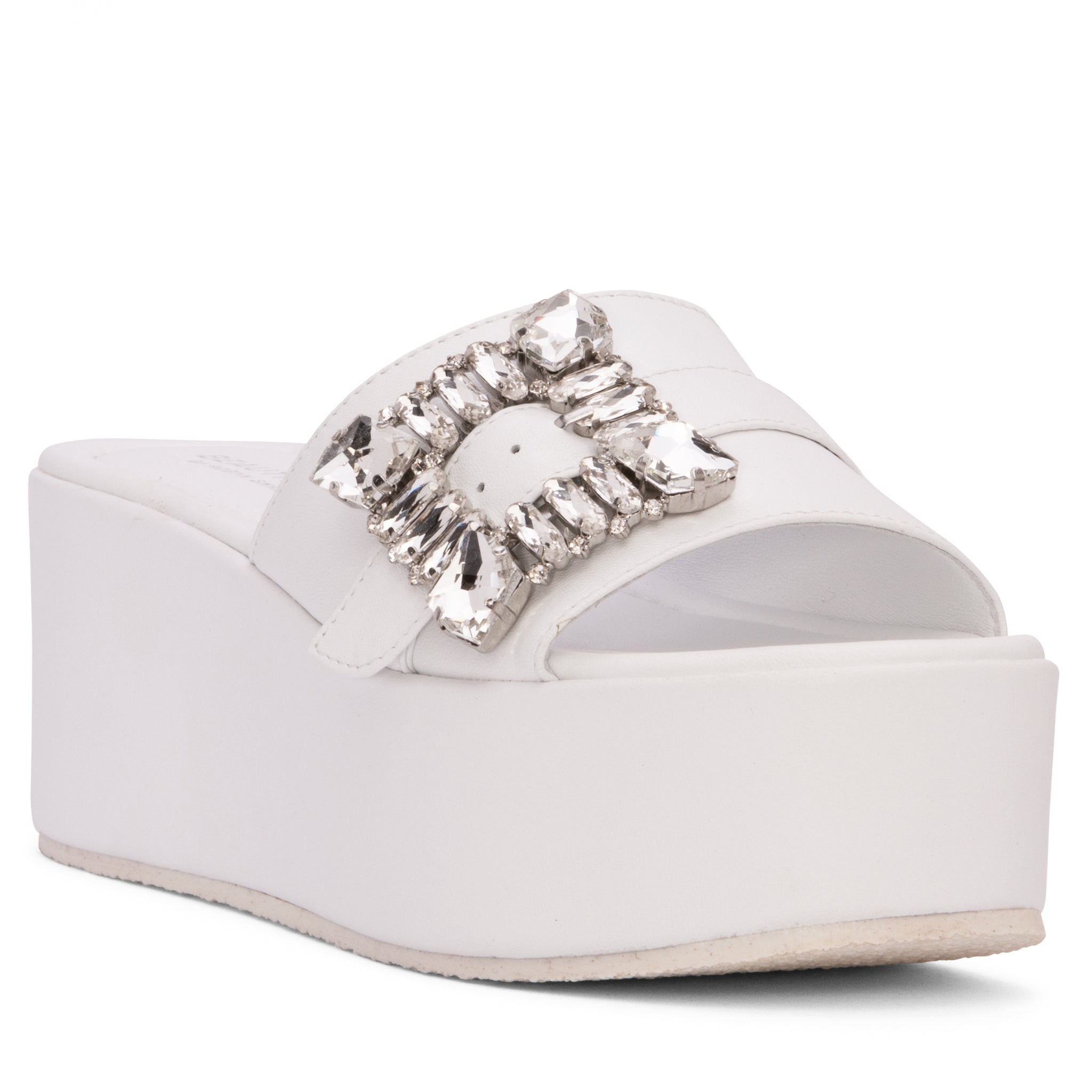 Beautiisoles By Robyn Shreiber Made In Italy Women's Dita White Leather Platform Slide Sandal Comfortable Wedge With Rhinestones For Wedding & Wo In White