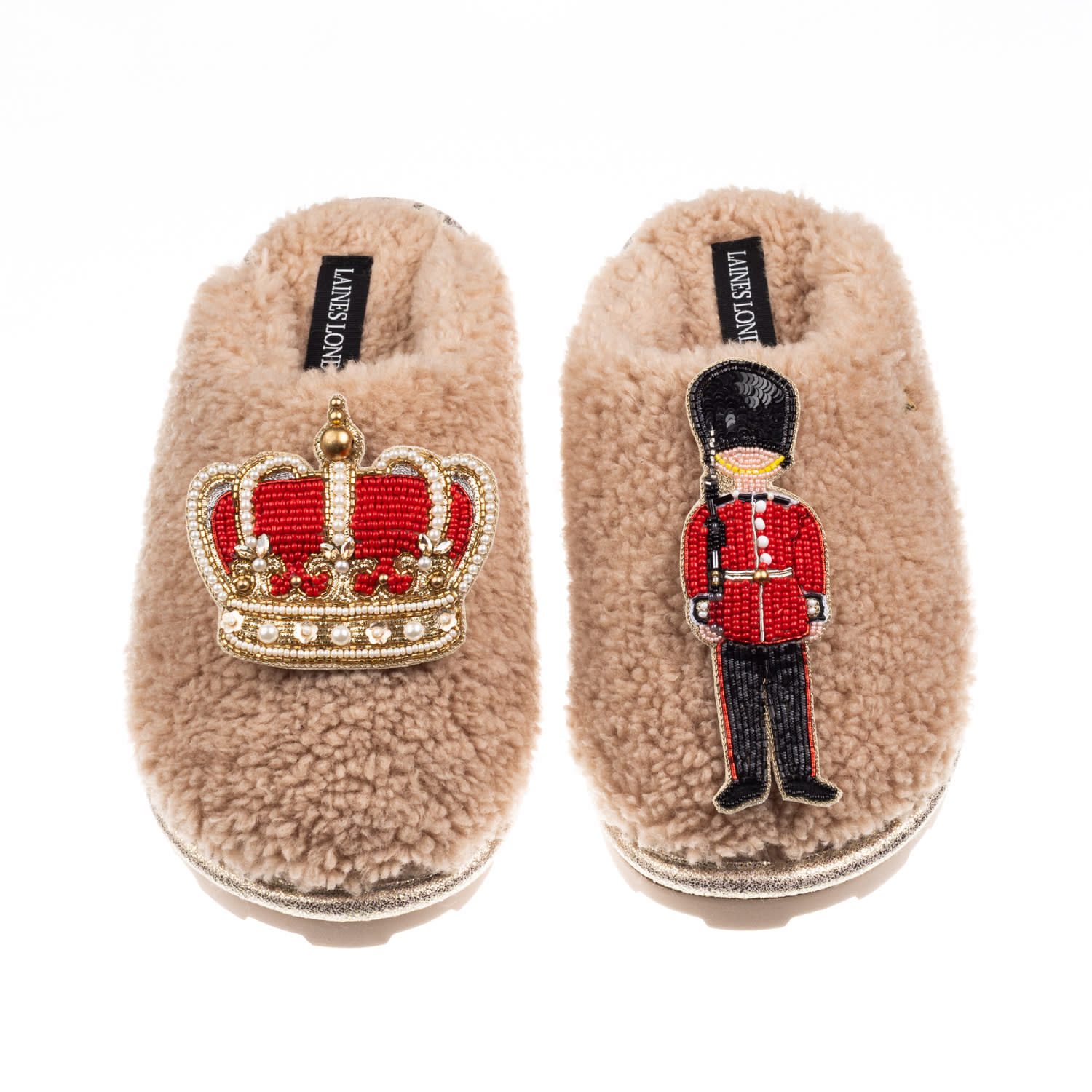 Laines London Women's Brown / Neutrals Teddy Closed Toe Slippers With Royal Crown & Grenadier Guard Brooches - Tof In Brown