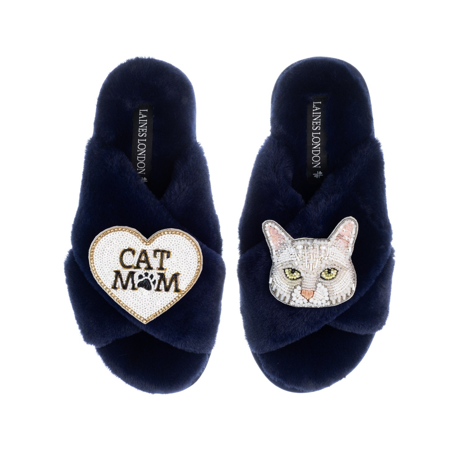 Laines London Women's Blue Classic Laines Slippers With White Lily Cat & Cat Mum / Mom Brooches - Navy