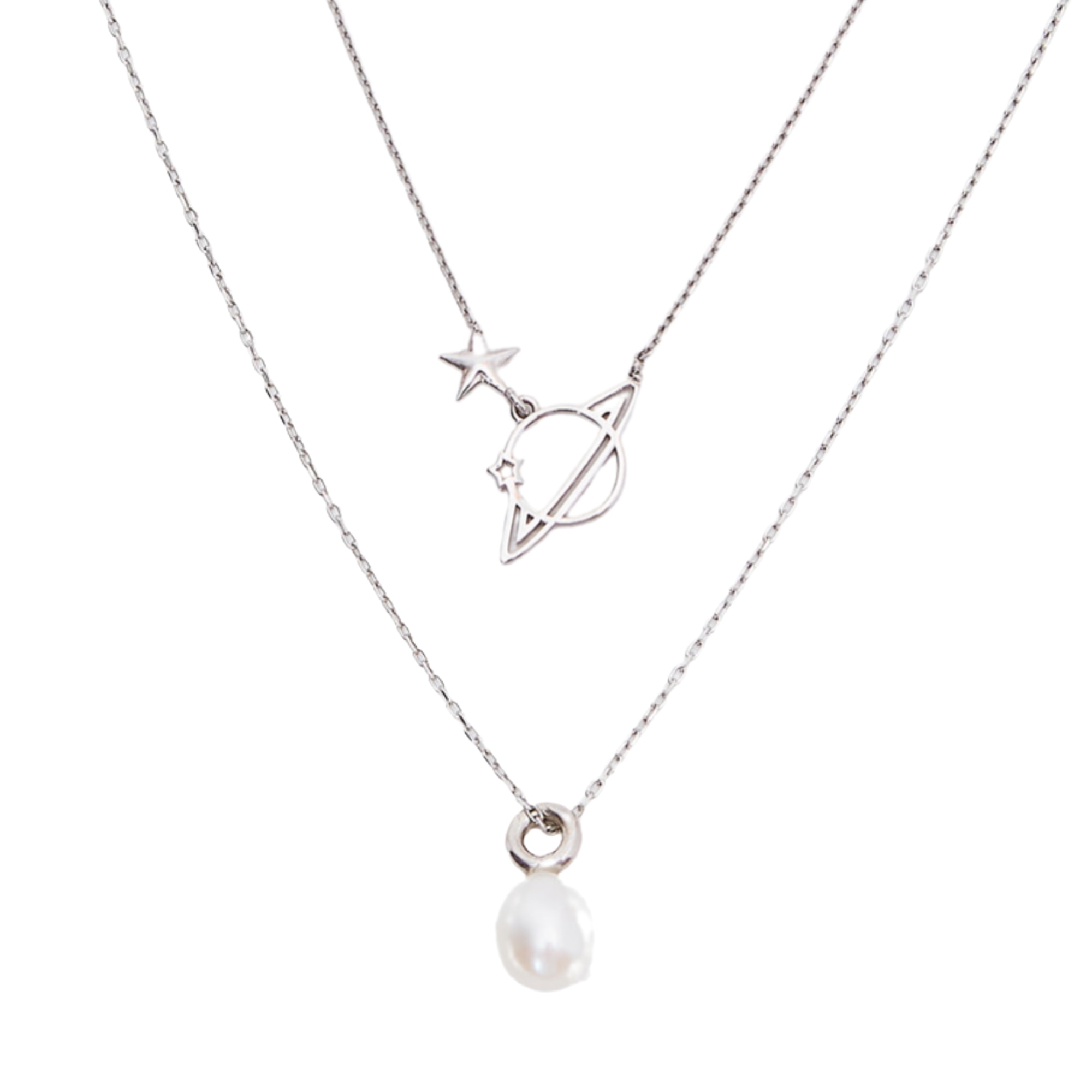 Spero London Women's Treasures Baroque Seed Pearl & Saturn Pendant Sterling Silver Stacking Necklace Set - Silver In Silver
