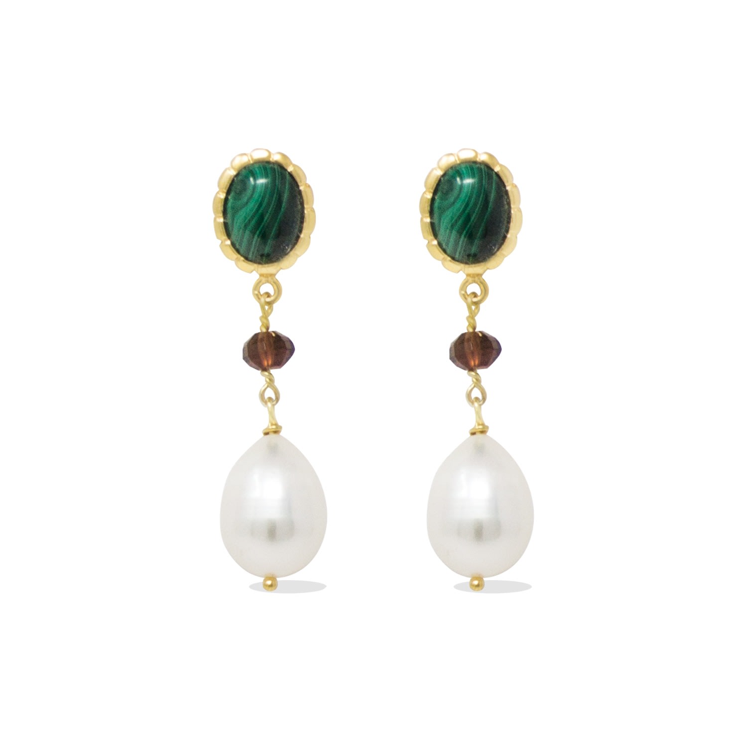 Women’s Green / Gold Malachite, Garnet & Pearl Drop Earrings Vintouch Italy