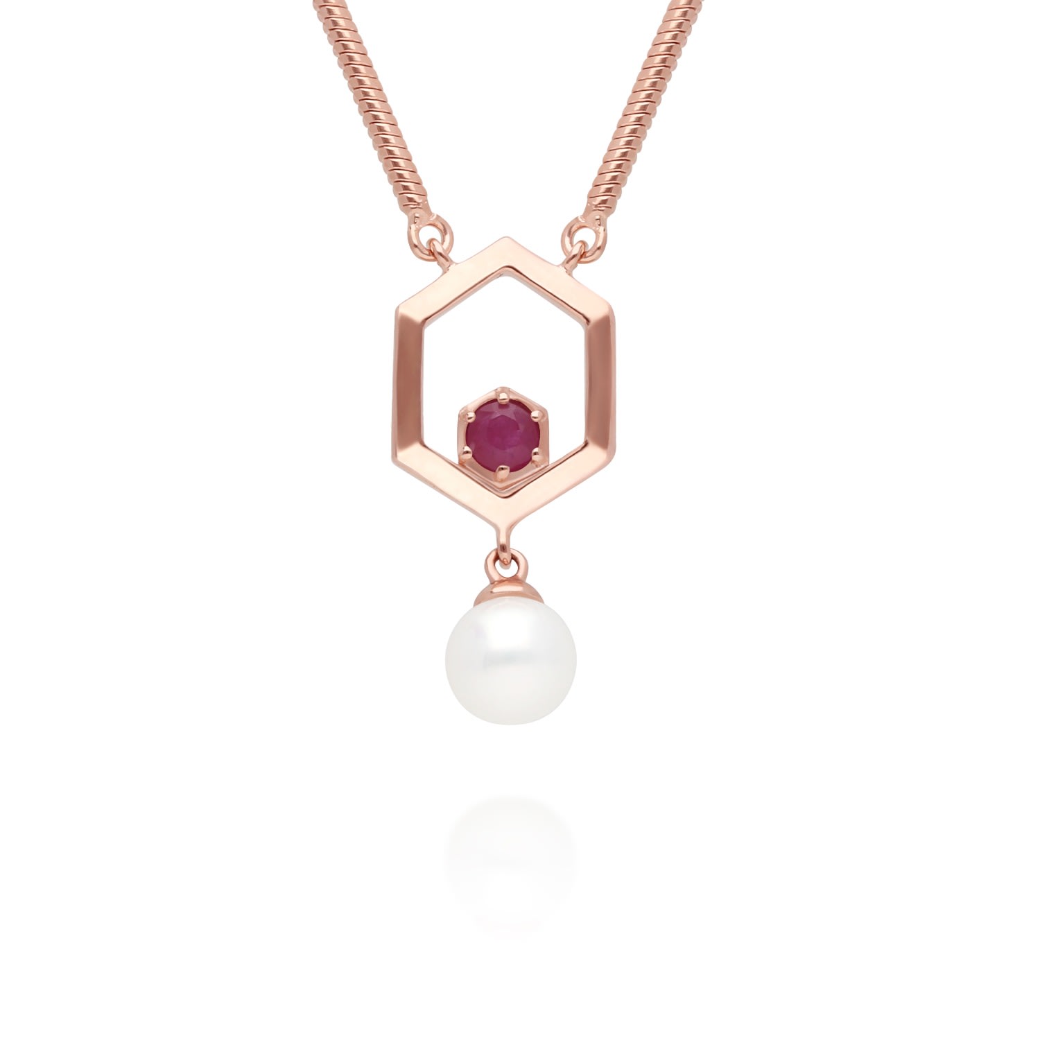 Women’s Red Modern Pearl & Ruby Hexagon Drop Necklace In Rose Gold Plated Sterling Silver Gemondo