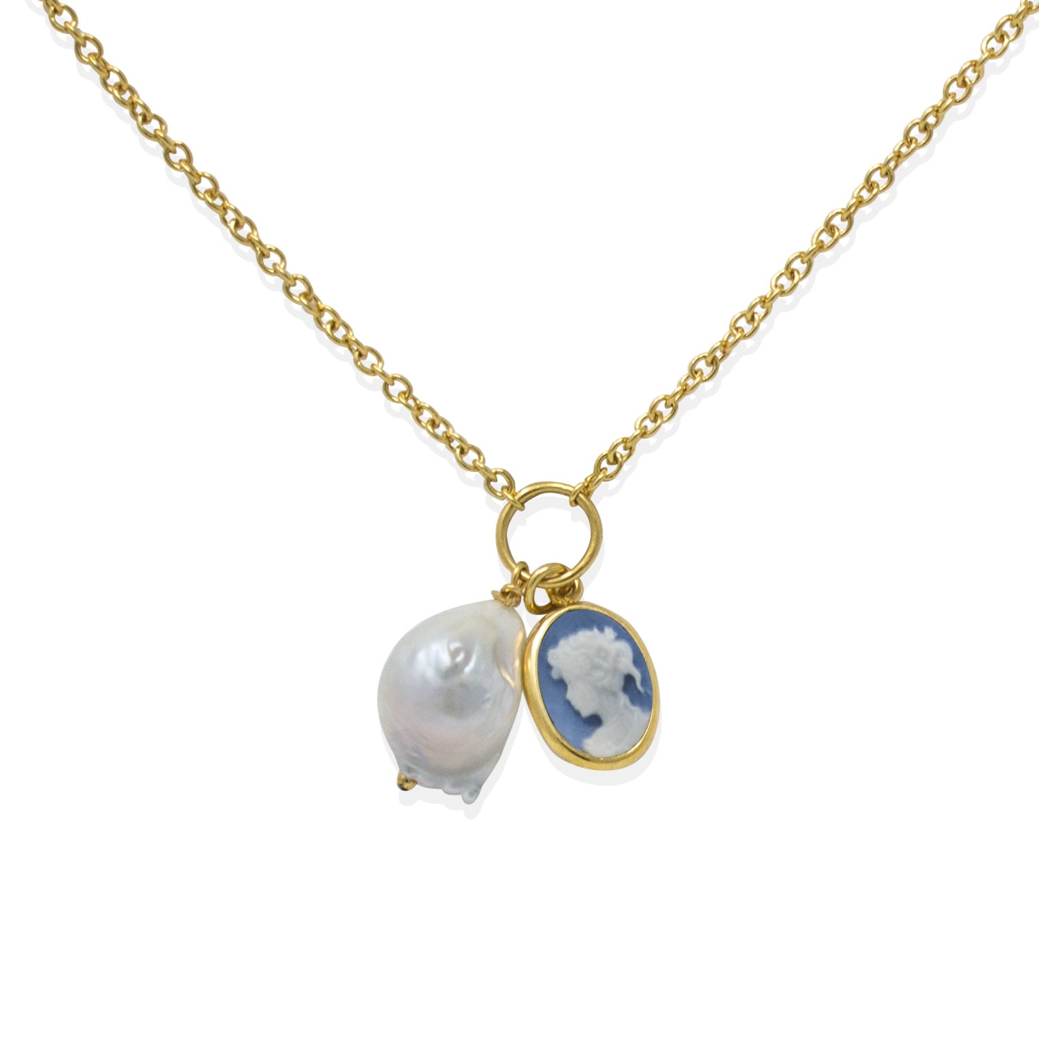 Vintouch Italy Women's Neutrals Sky Blue Cameo With A Pearl Necklace In Blue