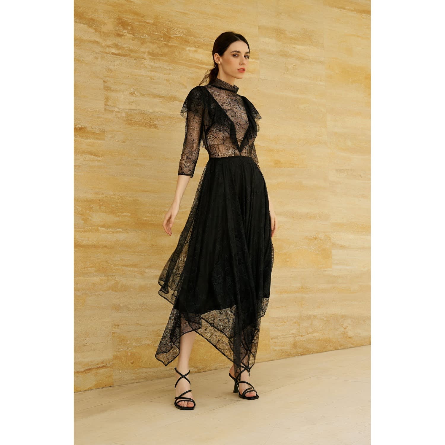 Lace frill midi dress deals