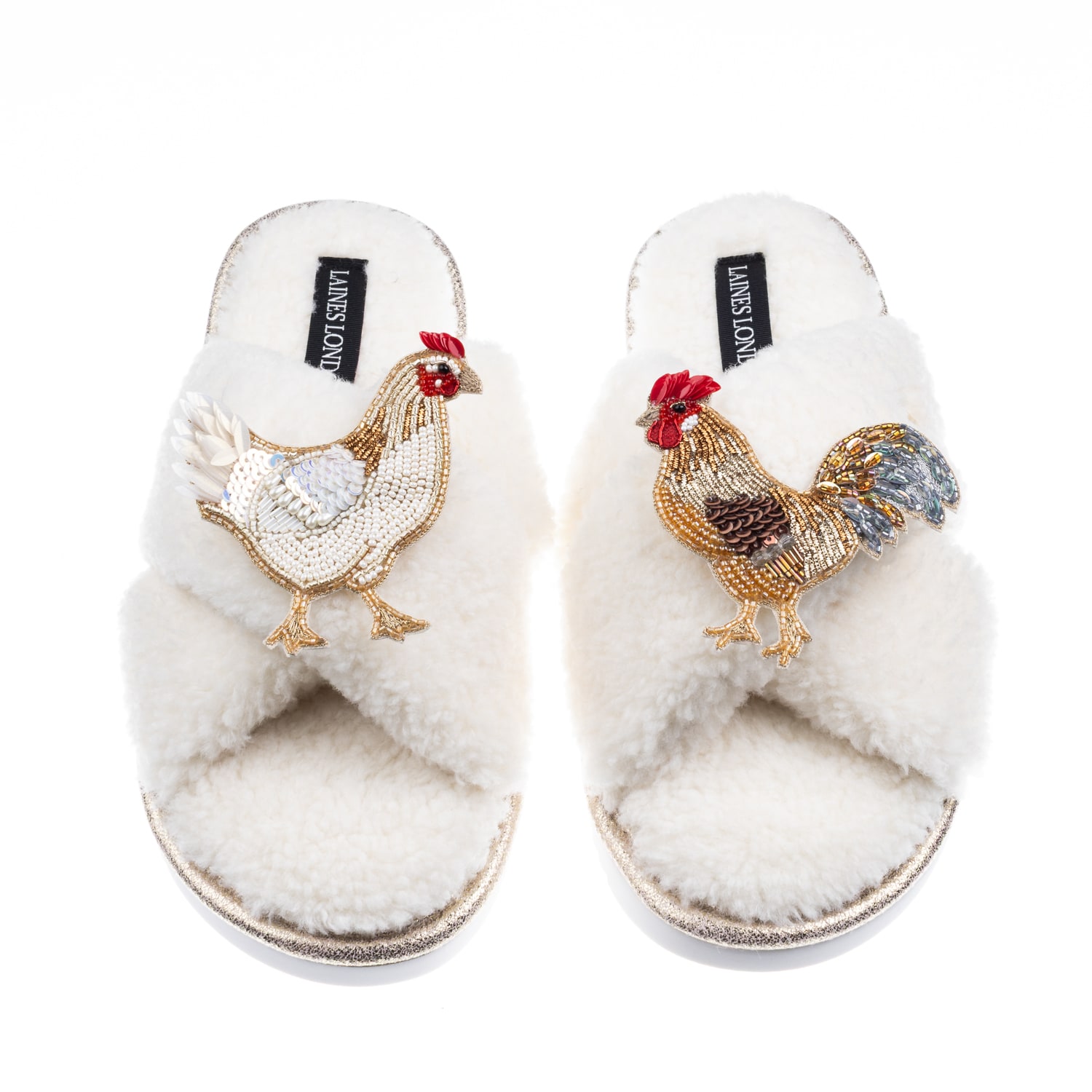 Laines London Women's Neutrals / White Laines Neutral Boucle Slippers With Chicken & Cockrel Brooches - Cream In White