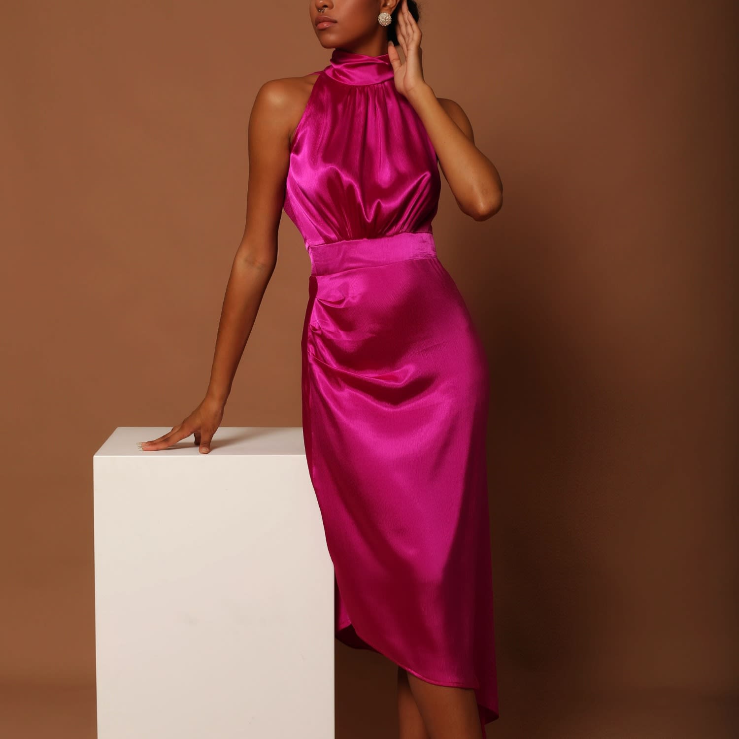 hot pink halter neck dress Alicia Satin Halter Maxi Dress main image 0