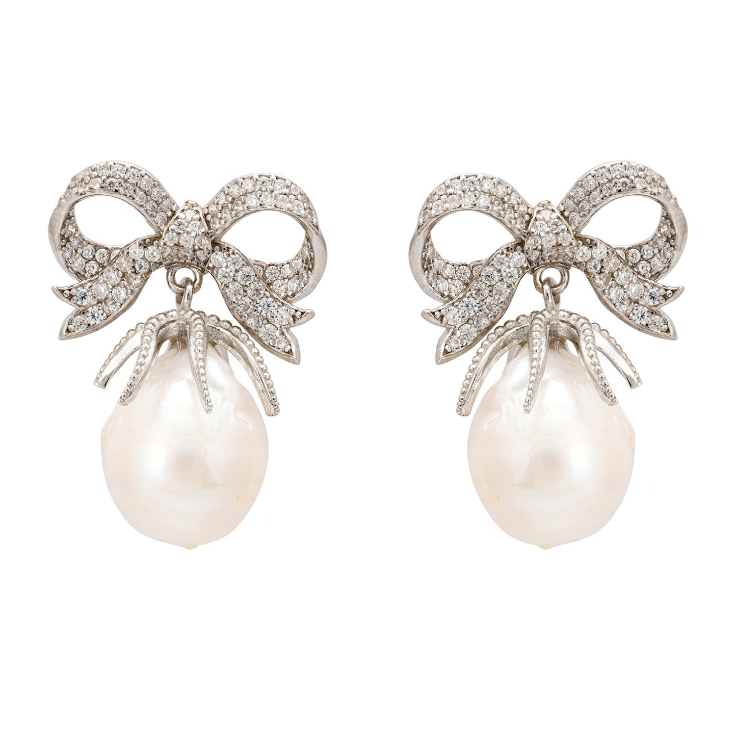 Women’s Silver / White Baroque Pearl Ribbon And Bows Drop Earrings Silver Latelita