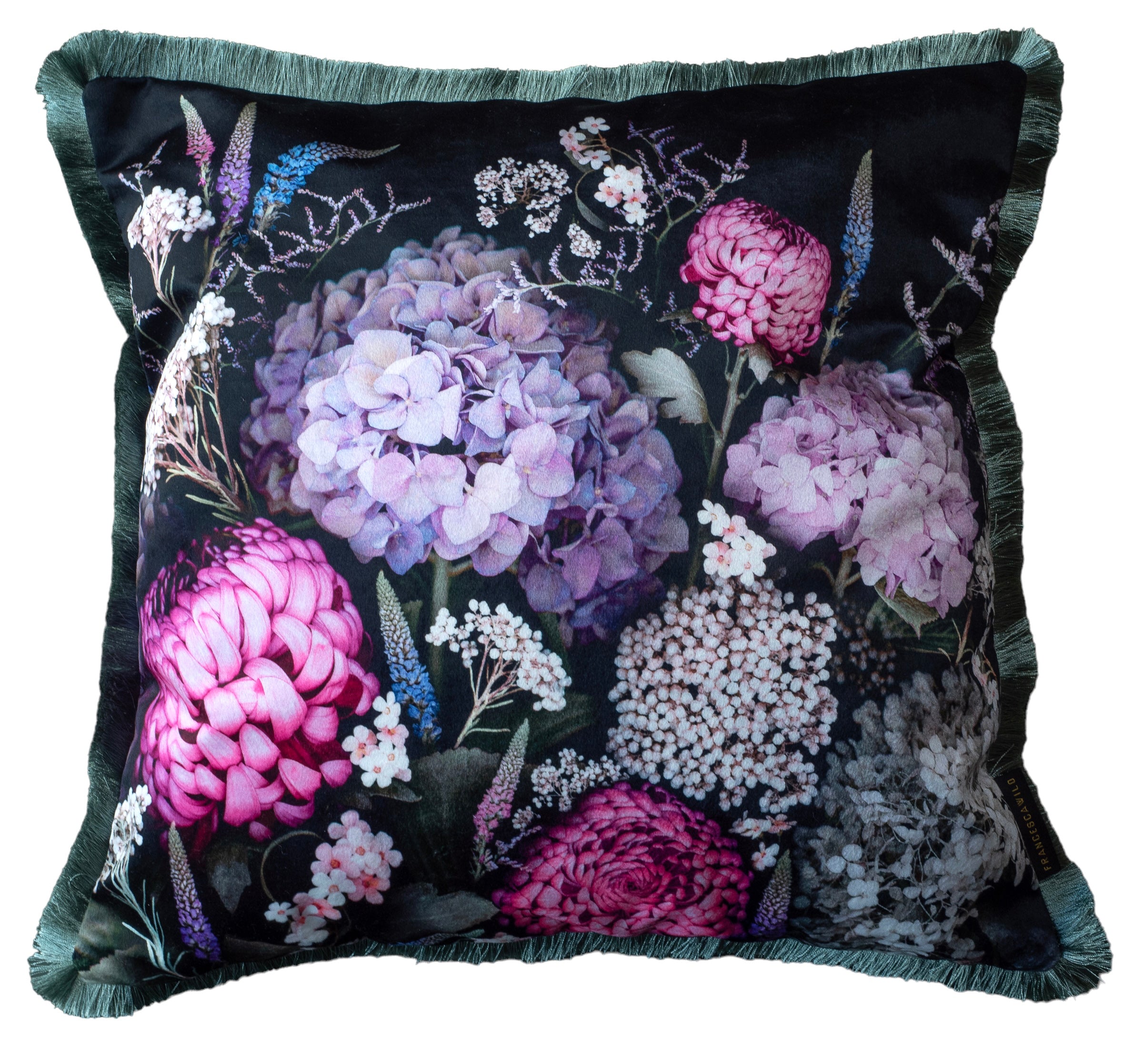 Black / Pink / Purple Luxury Hydrangea Velvet Cushion Cover Francesca Wild