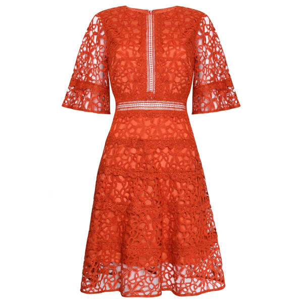 TRUE DECADENCE Orange Lace Cut Work Midi Dress