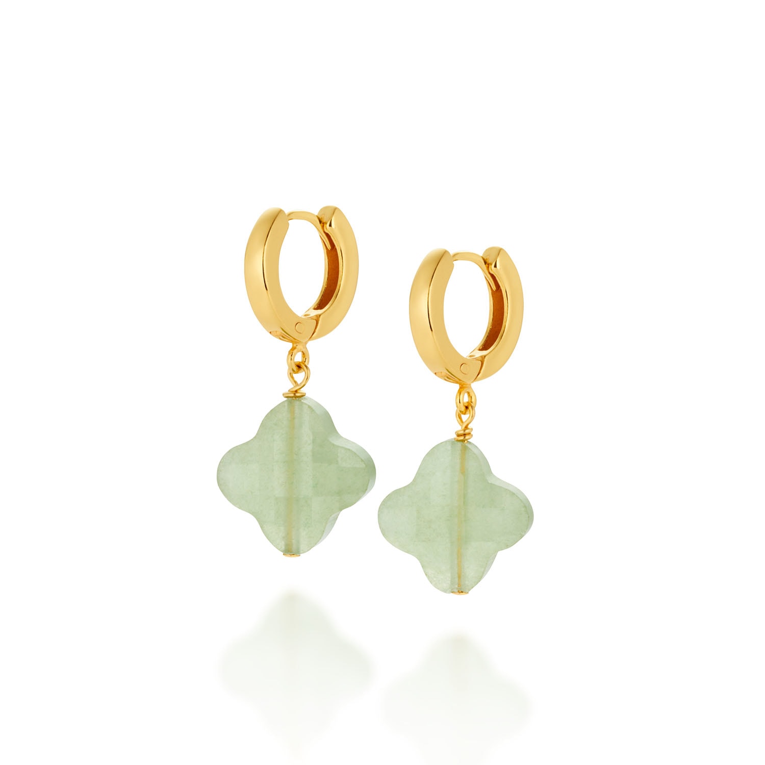 Nellou Jewellery Women's Clover Gem Hoop Earrings Green Aventurine Gold Plated Sterling Silver