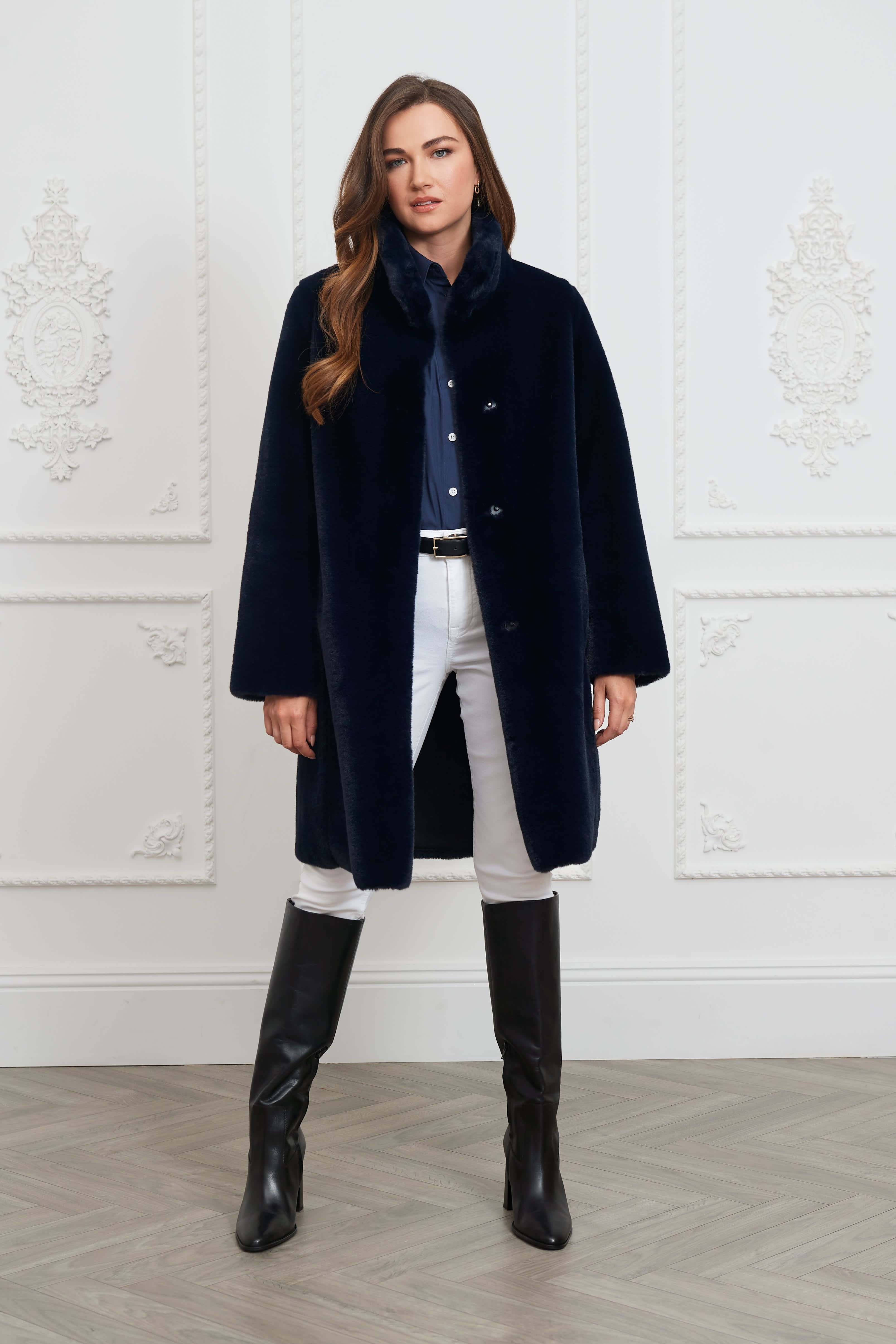 Jackie Faux Fur Shearling Coat Midnight Blue | ISSY LONDON | Wolf