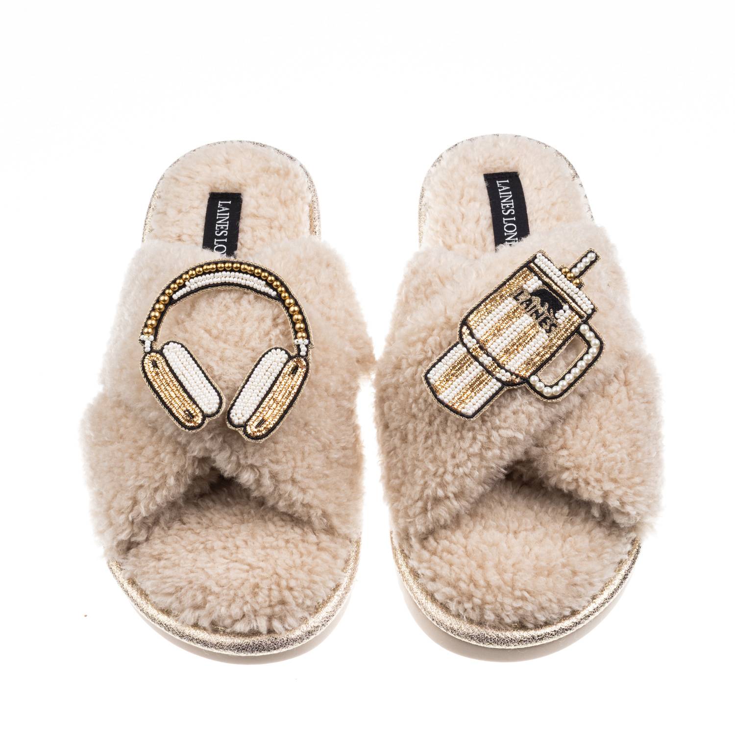 Laines London Women's Brown / Neutrals Laines Neutral Boucle Slippers With Headphones & Quencher Brooches - Oatmea In Brown
