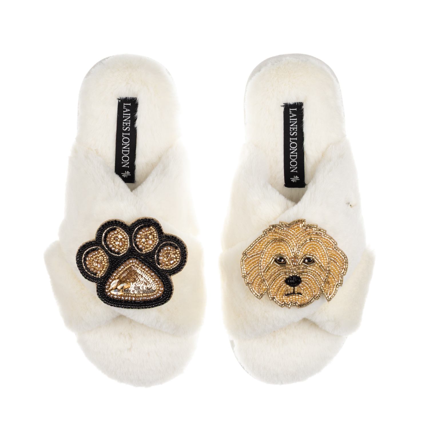 Laines London Women's Neutrals / White Classic Laines Slippers With Paw & Golden Cockapoo Brooches - Cream In White