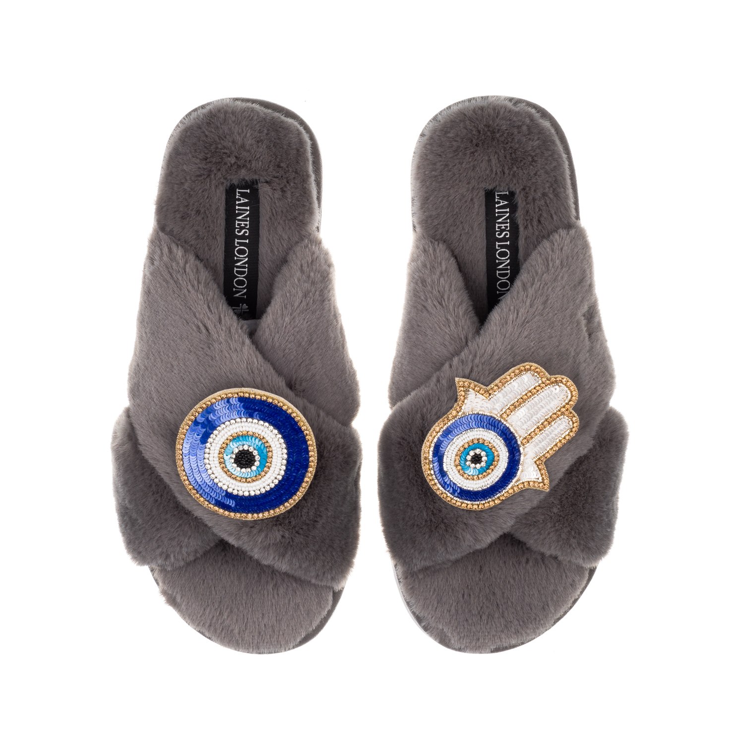 Laines London Women's Classic Laines Slippers With Evil Eye & Hamsa Hand Brooches - Grey In Grey