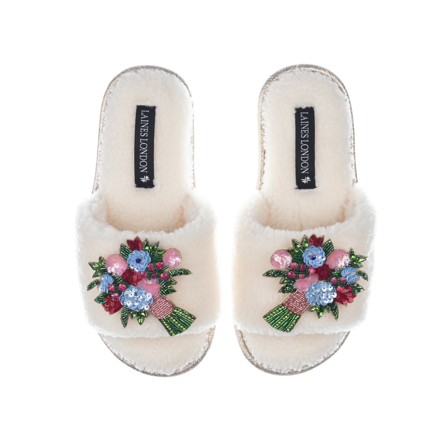 Laines London Women's White Teddy Toweling Slipper Sliders With Double Flower Bouquet Brooches - Cream In White