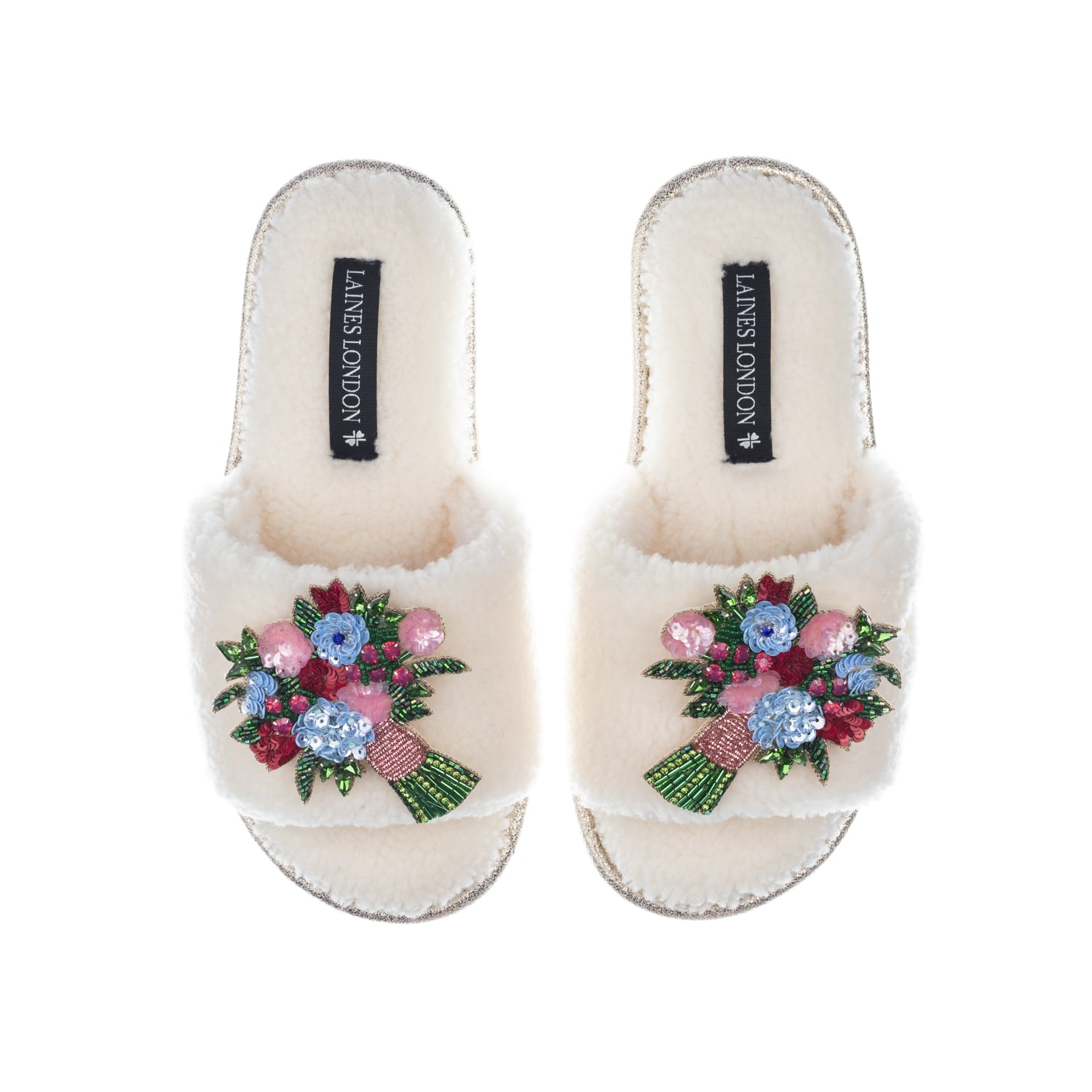 Women’s White Teddy Toweling Slipper Sliders With Double Flower Bouquet Brooches - Cream Large Laines London