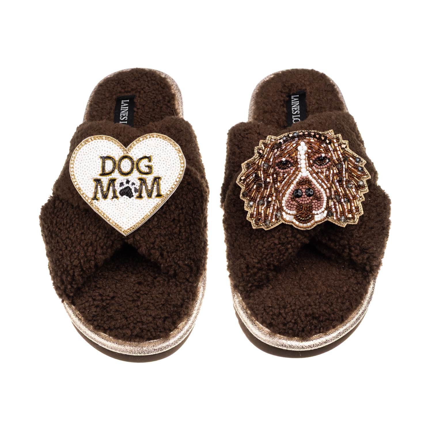 Laines London Women's Brown / Neutrals Laines Neutral Boucle Slippers With Duke The Spaniel & Dog Mum /mom Brooche