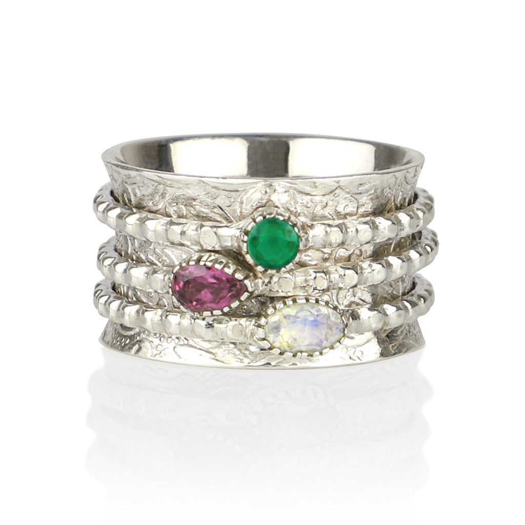 Charlotte's Web Jewellery Women's Ananda Silver Spinning Ring - Green Onyx, Moonstone And Rhodolite Garnet In Silver