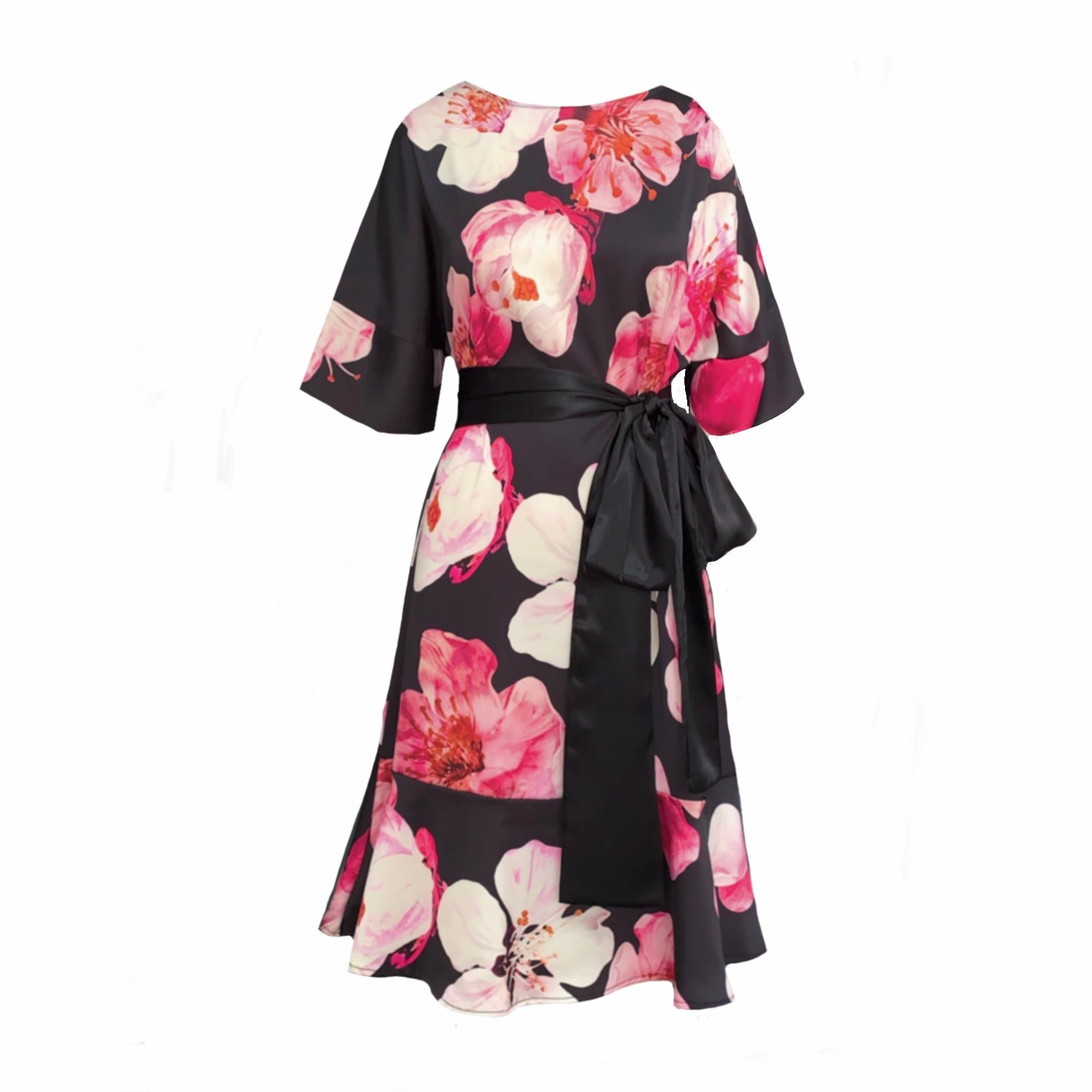 Frock Tales Women's Black / Rose Gold / Pink Satin Middlemist Dress In Black And Pink Print In Black/rose Gold/pink