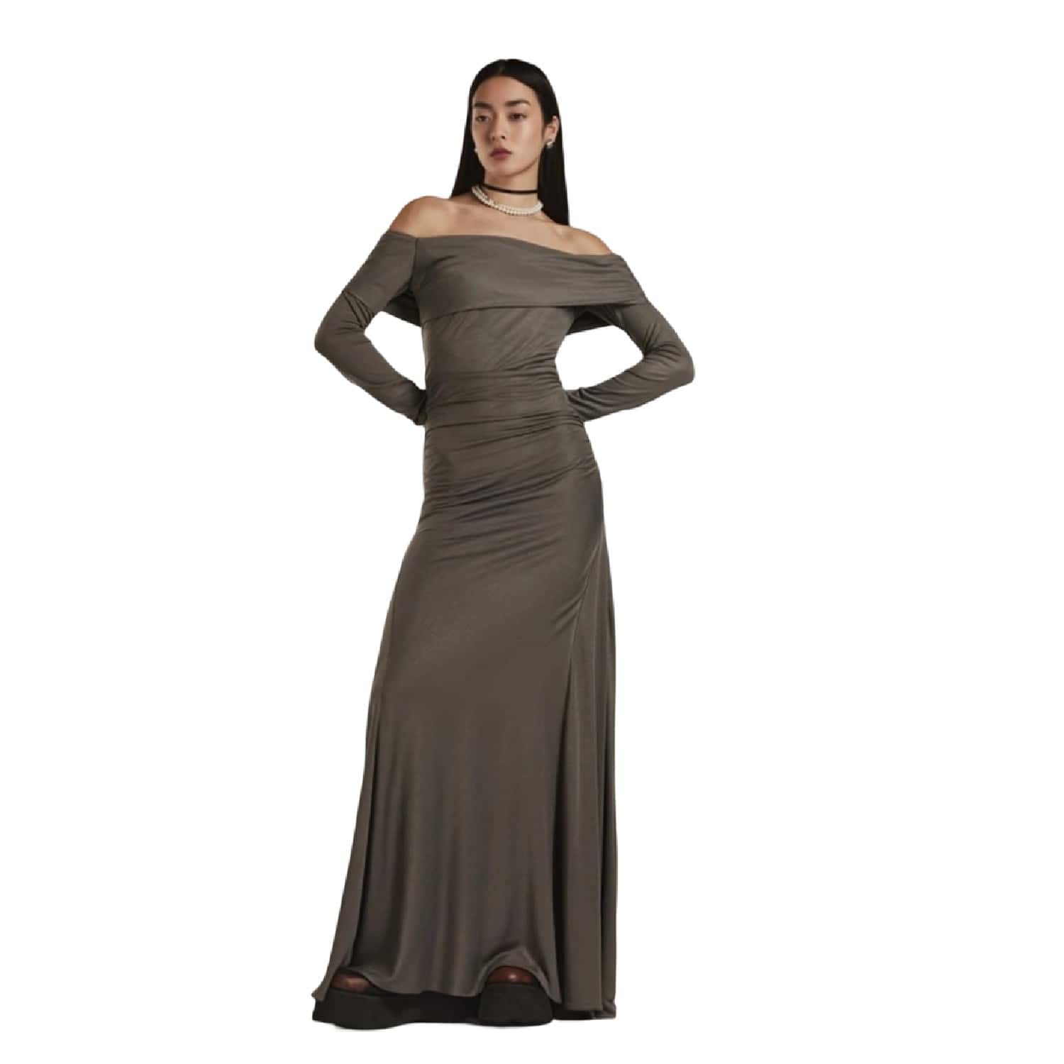 Rossini Ash Grey Long Bamboo Off Shoulder Neckline Cocktail Dress