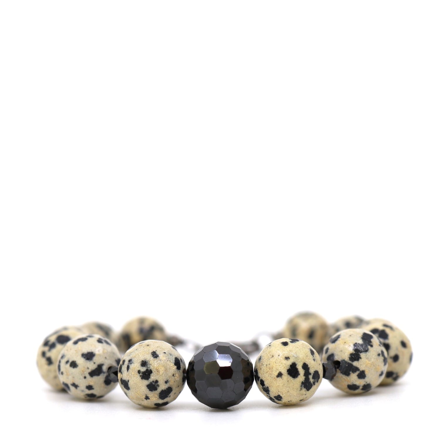 Shar Oke Men's Black / Neutrals Dalmatian Jasper & Black Cubic Zirconia Bracelet