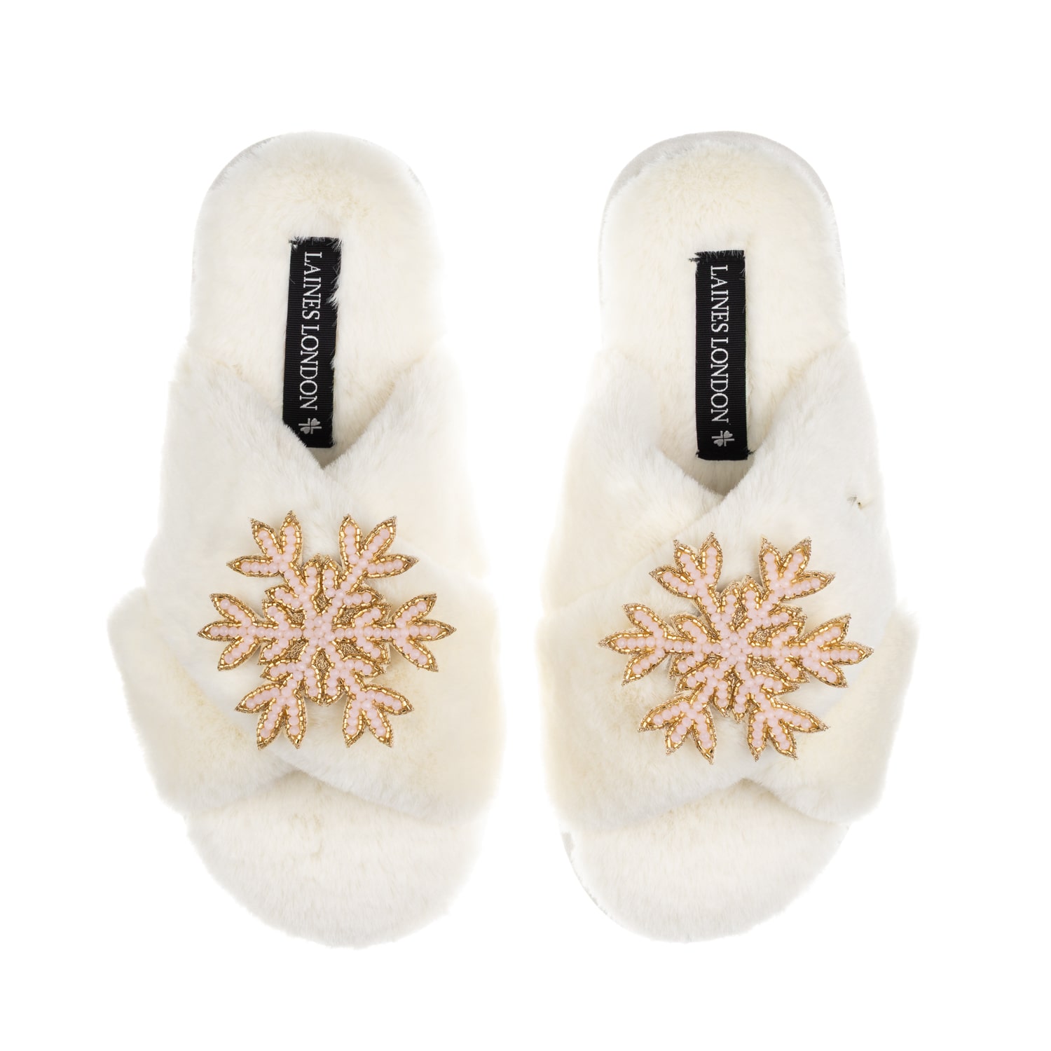 Laines London Women's Neutrals / White Classic Laines Christmas Collection Slippers With Double Pink Snowflake Bro In White