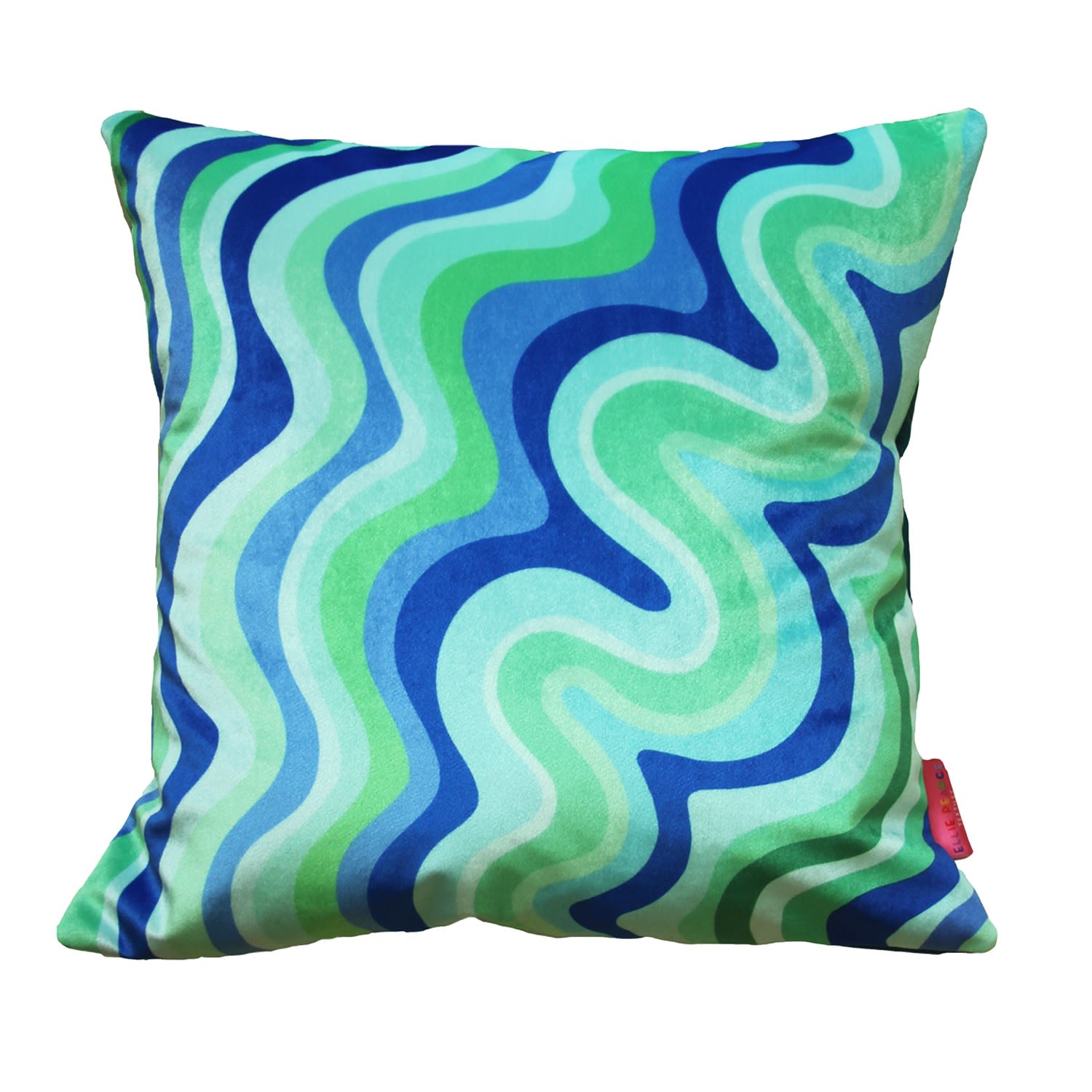 Colourful Velvet Cushion - Green & Blue Wavy Ellie Pearce Textiles