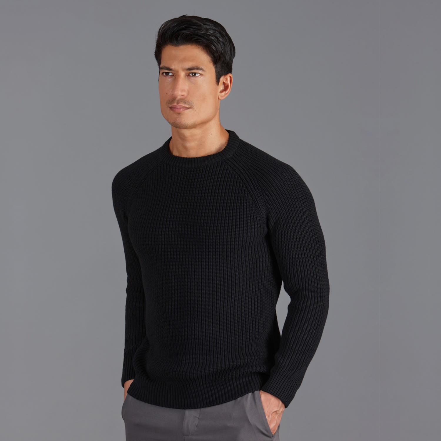 Mens Cotton Clark Fisherman Rib Knit Jumper - Black, Paul James Knitwear