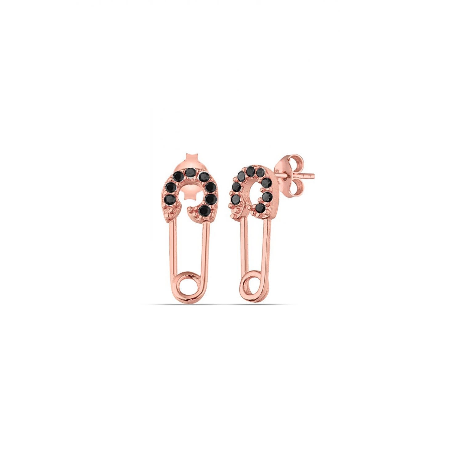 Spero London Women's Rose Gold / Black Sterling Silver Black Jewelled Mini Safety Pin Stud Earrings - Rose Gold