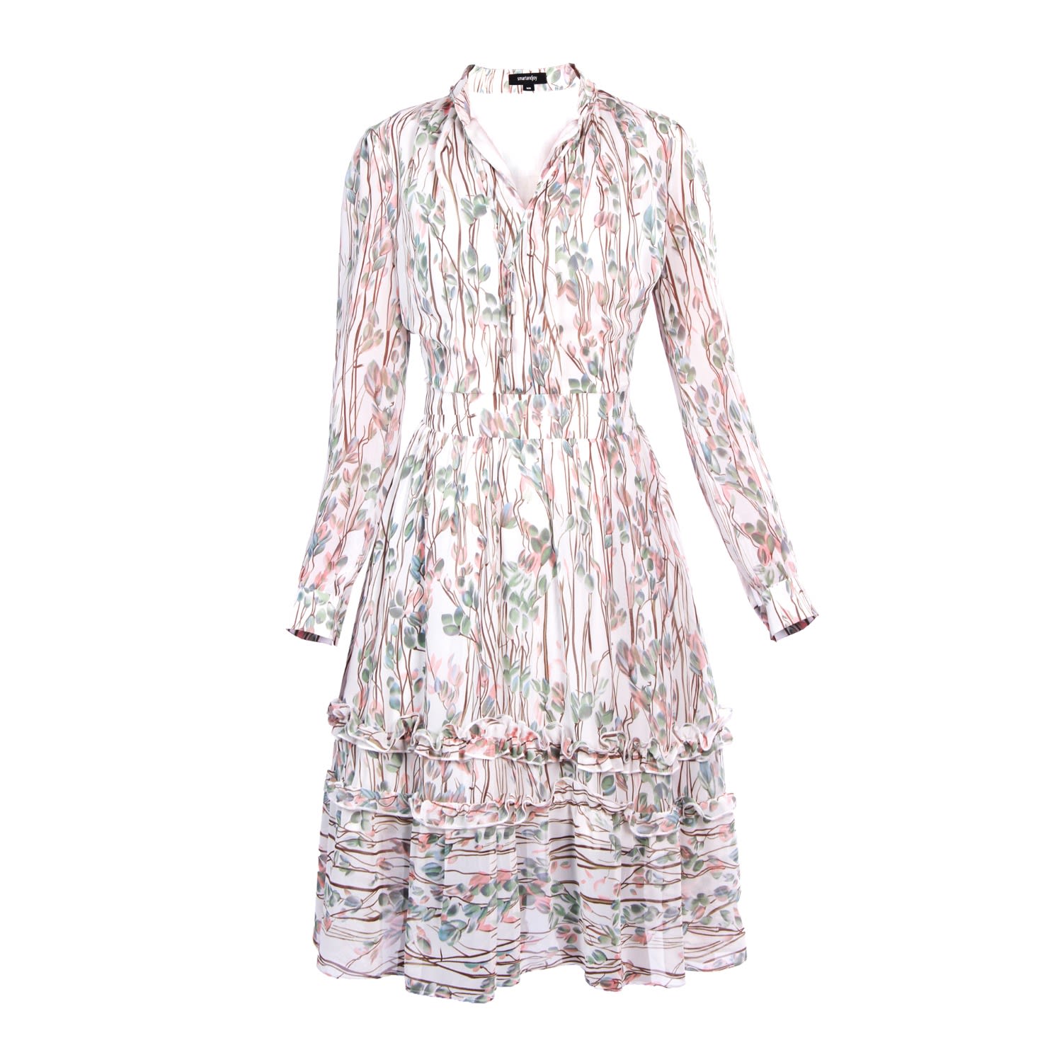 Women’s White Leaves Print Fit & Flare Chiffon Dress Small Smart and Joy