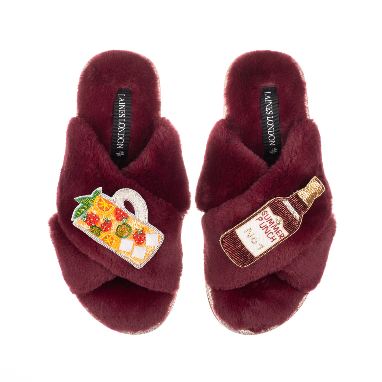 Laines London Women's Gold / Red Classic Laines Slippers With Summer Punch Brooches - Limited Edition Burgundy In Burgundy