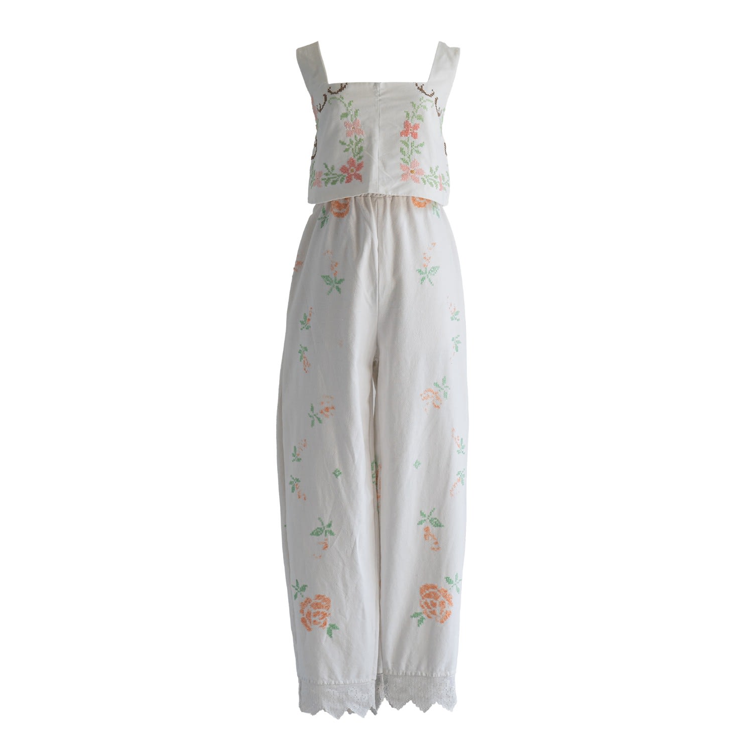 Sugar Cream Vintage Re-design Upcycled Wide Strap Orange Cross-stitch Top Set In Orange