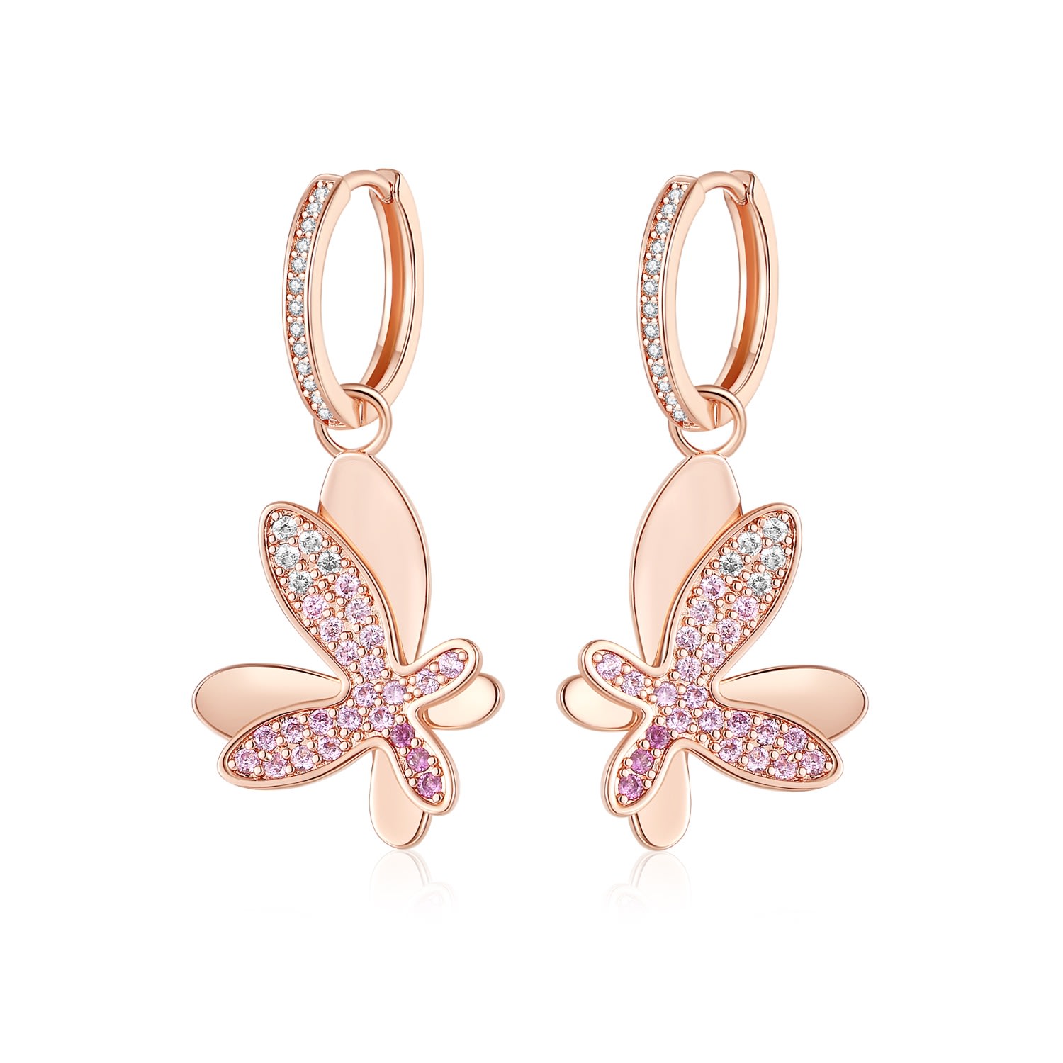 Classicharms Women's Rose Gold Gradient Pink Pavé Diamond Butterfly Dangle Drop Hoop Earrings