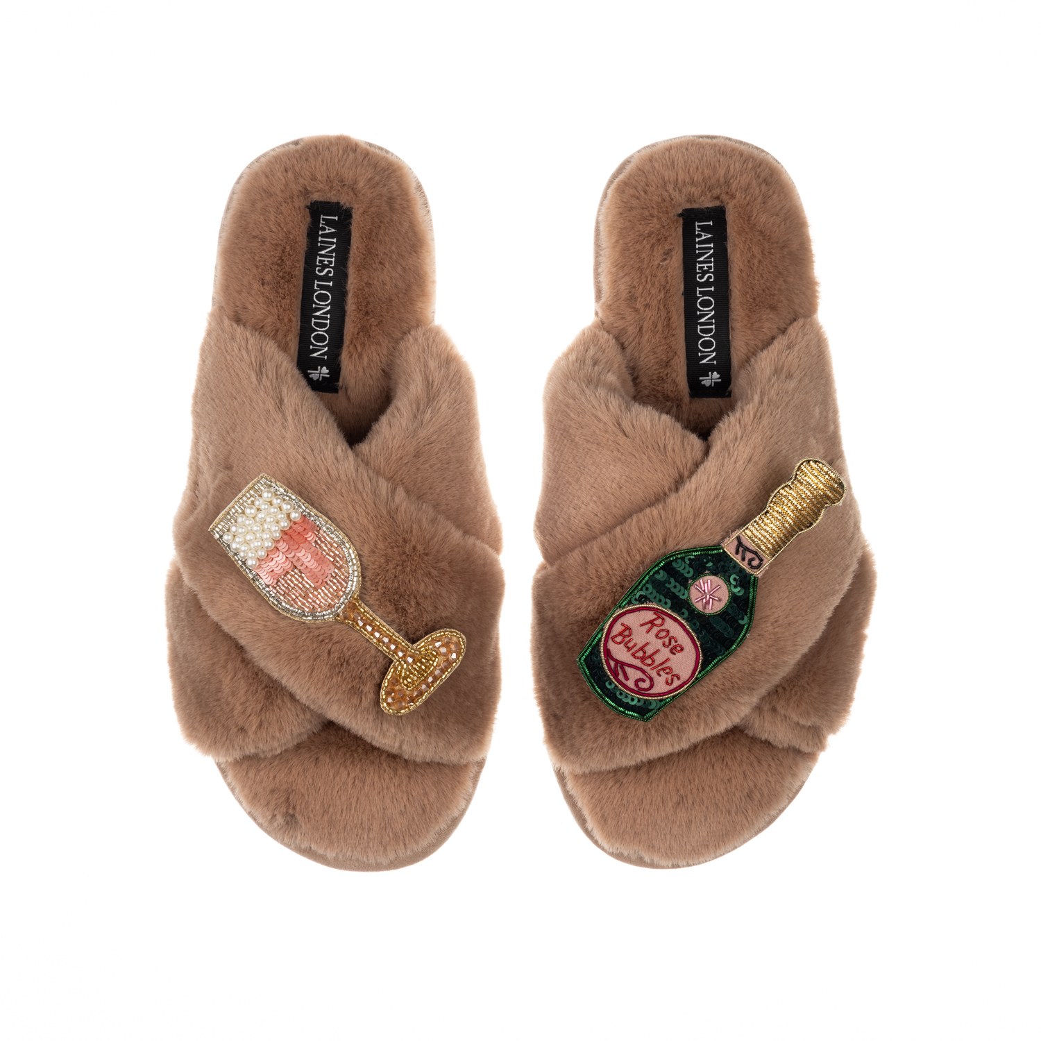 Laines London Women's Brown / Neutrals Classic Laines Slippers With Pink Champagne & Glass Brooches - Toffee In Brown