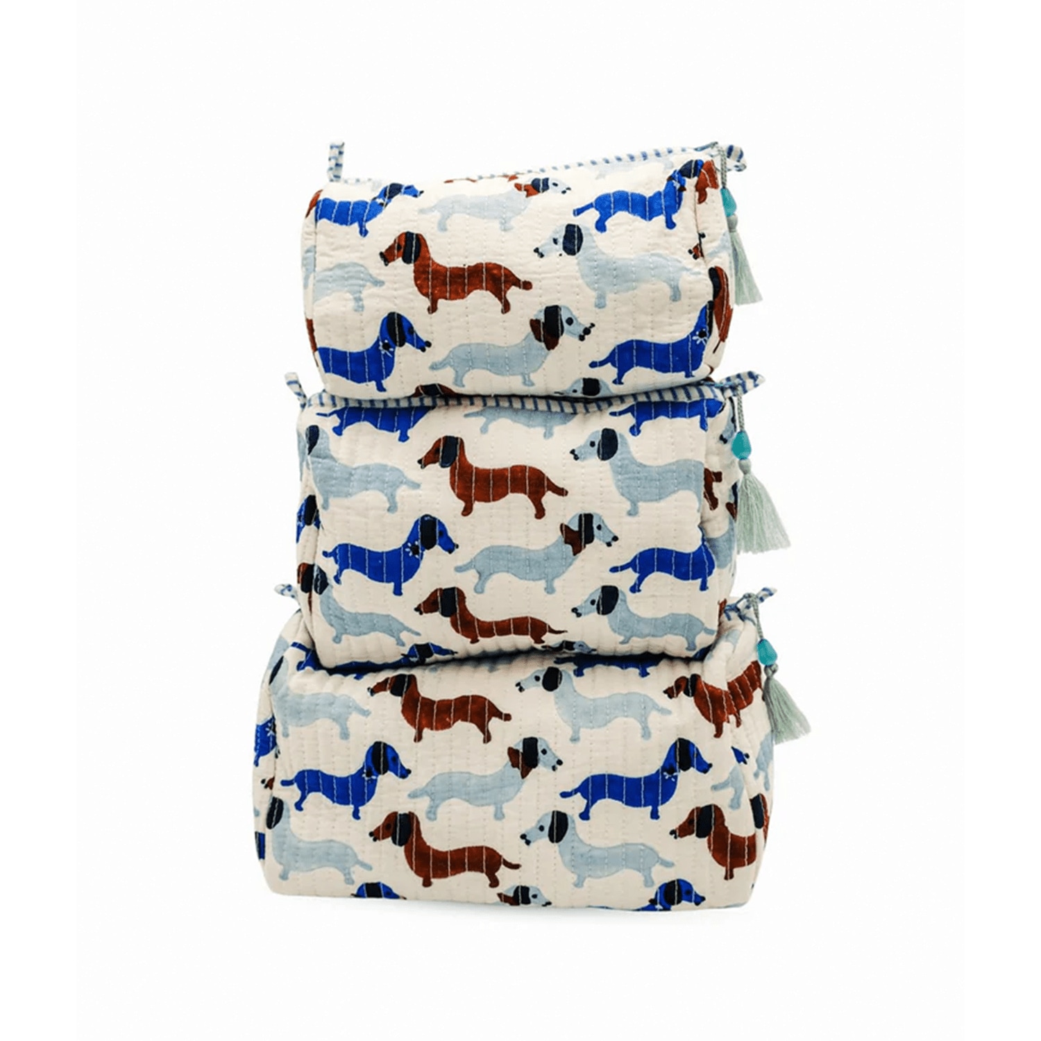 Inner Child Blue / White / Brown Dashing Doxies Blockprint Toiletry Makeup Bag, Set Of Three