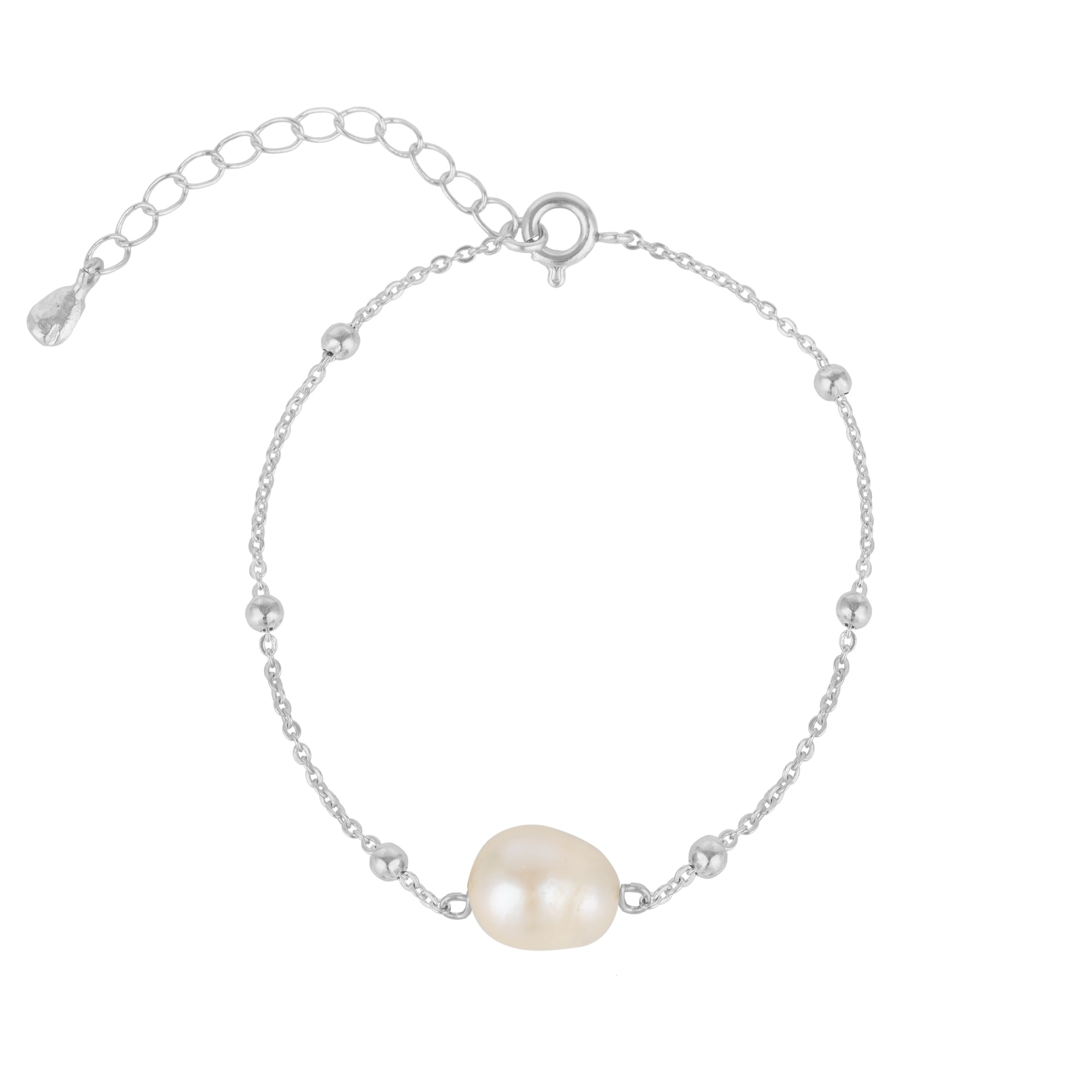 Women&rsquo;s Silver / White Single Pearl Beaded Chain Silver Bracelet | Mejoma