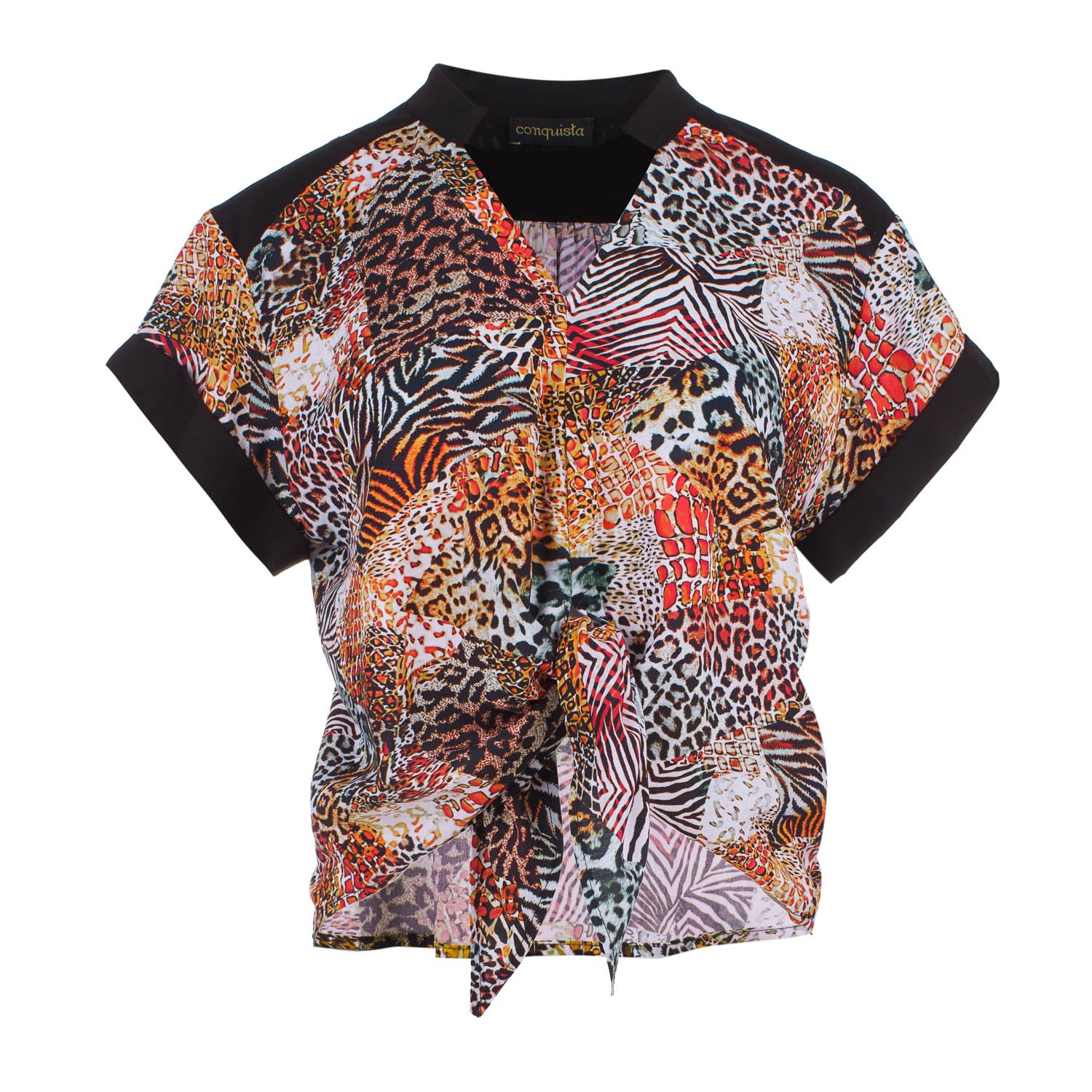 Conquista Women's Black Tie Detail Print Top In Black
