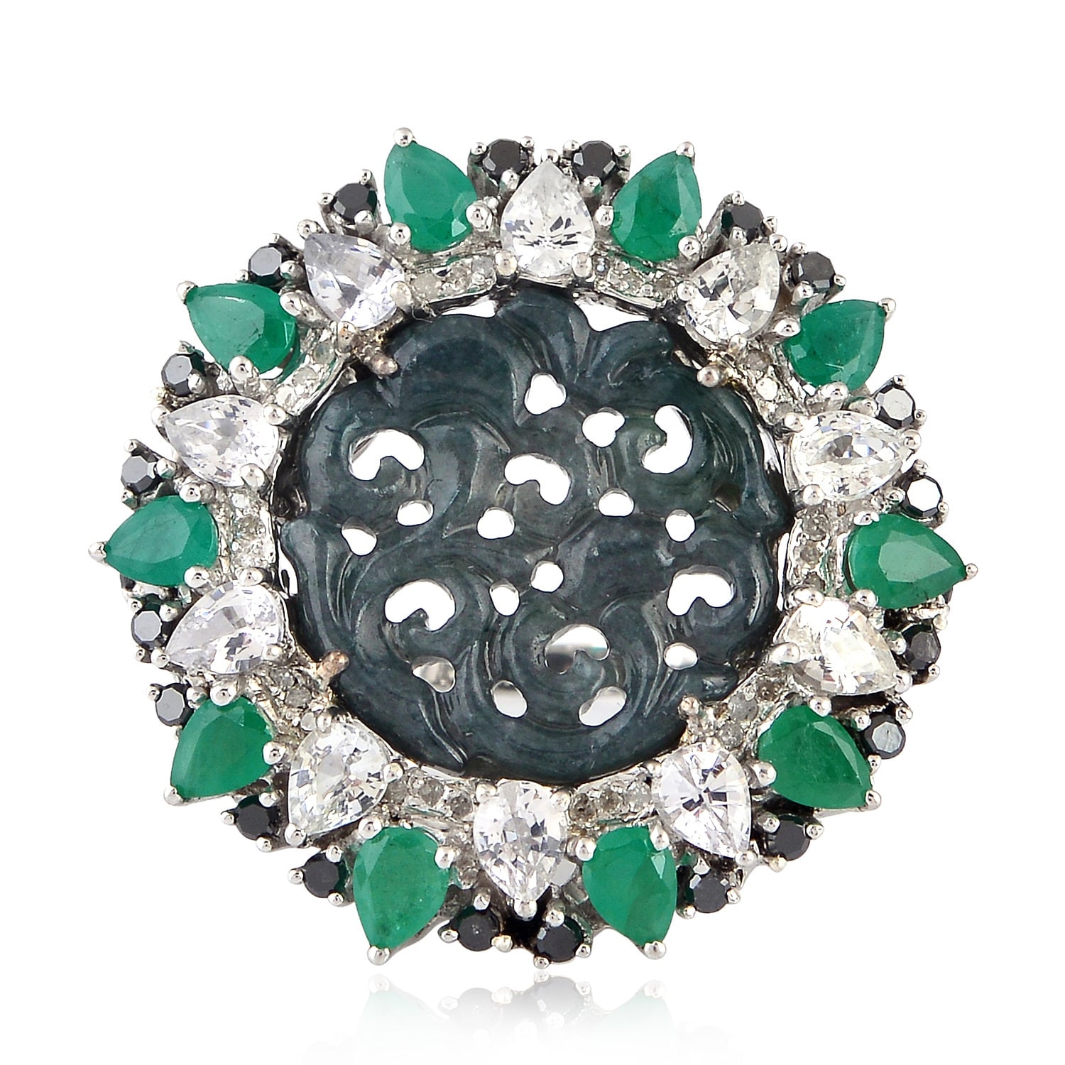 Women’s White / Black Carved Jade & White Sapphire With Emerald Pave Diamond In 18K White Gold And 925 Silver Cocktail Ring Artisan