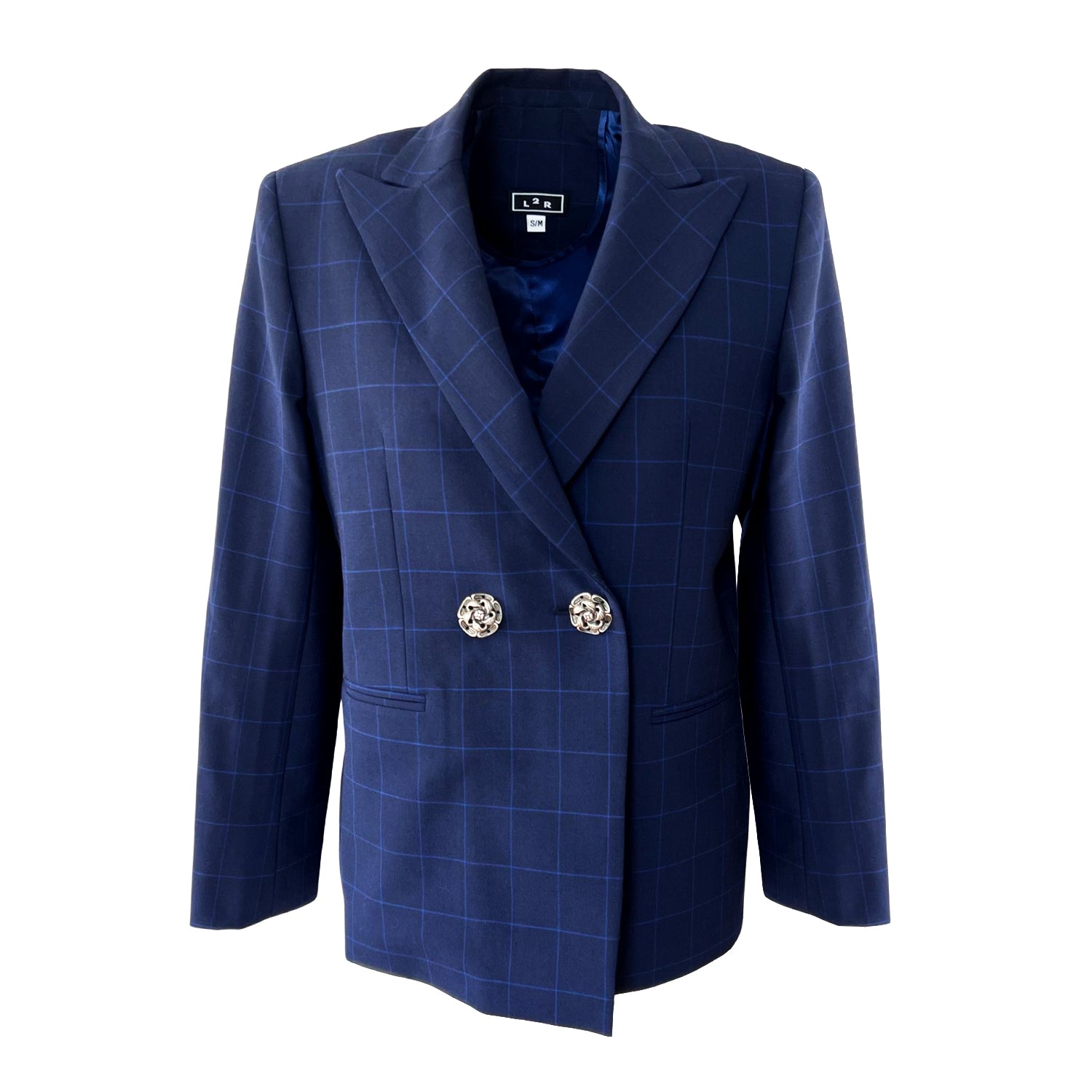 Women’s Double-Breasted Blazer In Dark Blue Plaid S/M L2R the Label