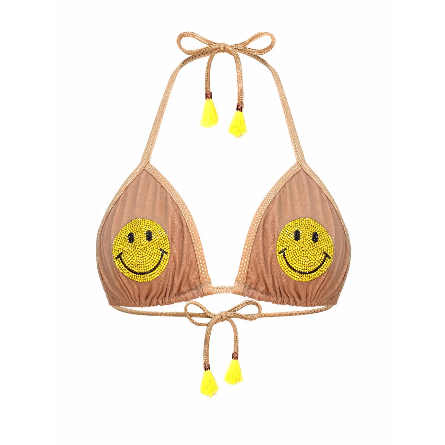 Women’s Yellow / Orange / Gold Smiley Face Crystal Sheer Gold Mesh Bikini Top Maanu Large Elin Ritter Ibiza