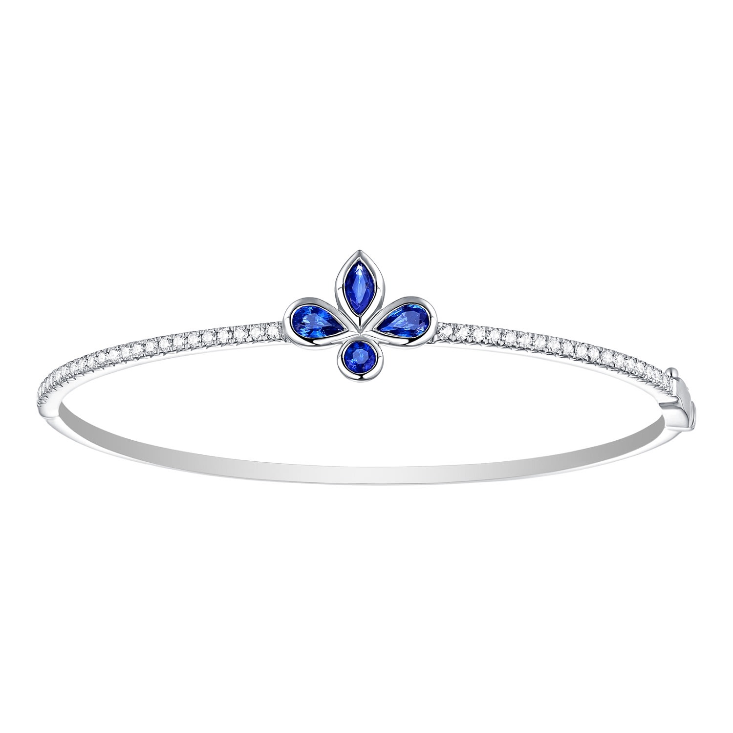 Women’s White / Blue Natural Diamond & Blue Sapphire Bangle Bracelet Solid 18K White Gold Jewelry Artisan