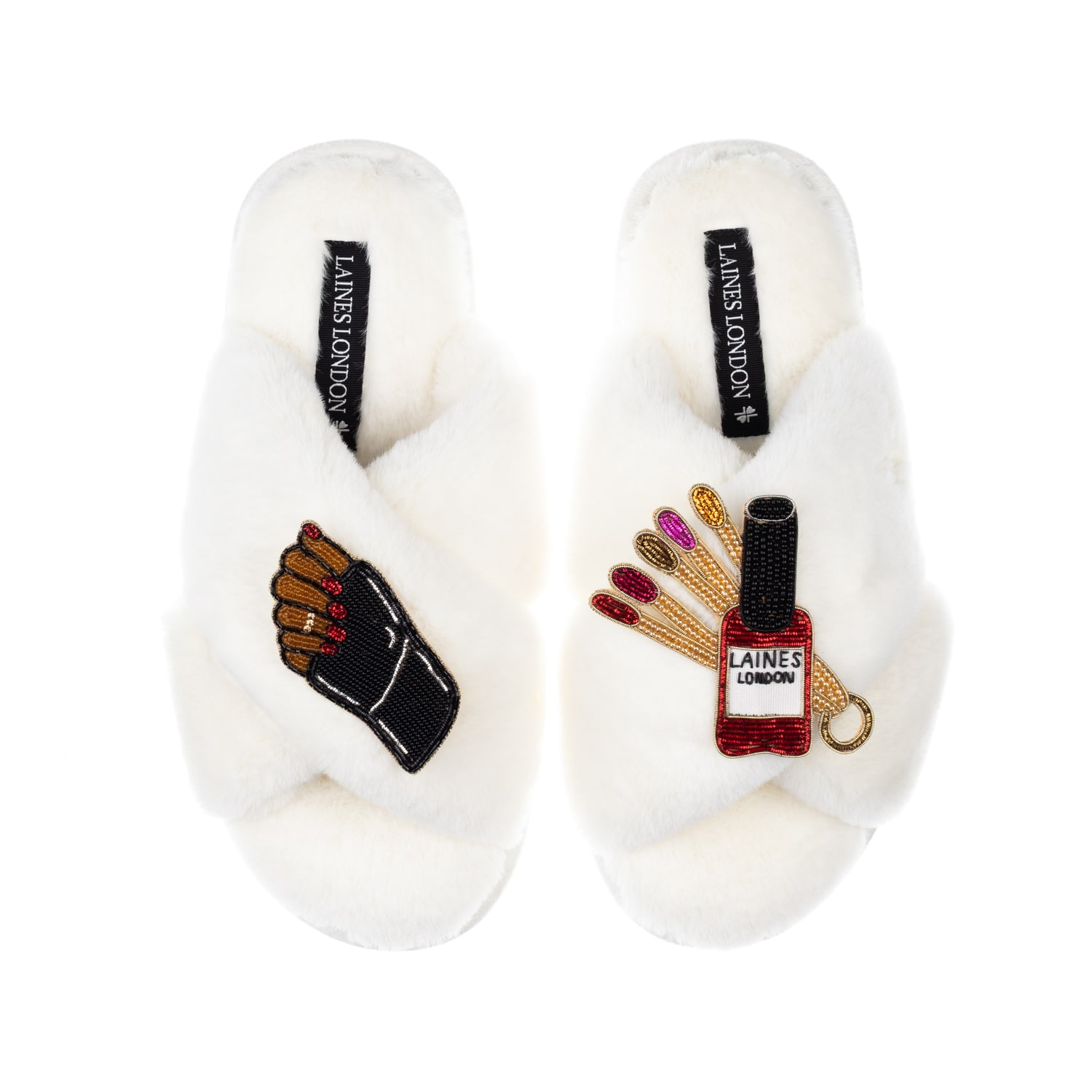 Women's Neutrals / White Classic Laines Slippers With Cocoa Nail Tech Brooches - Cream | Medium | Laines London