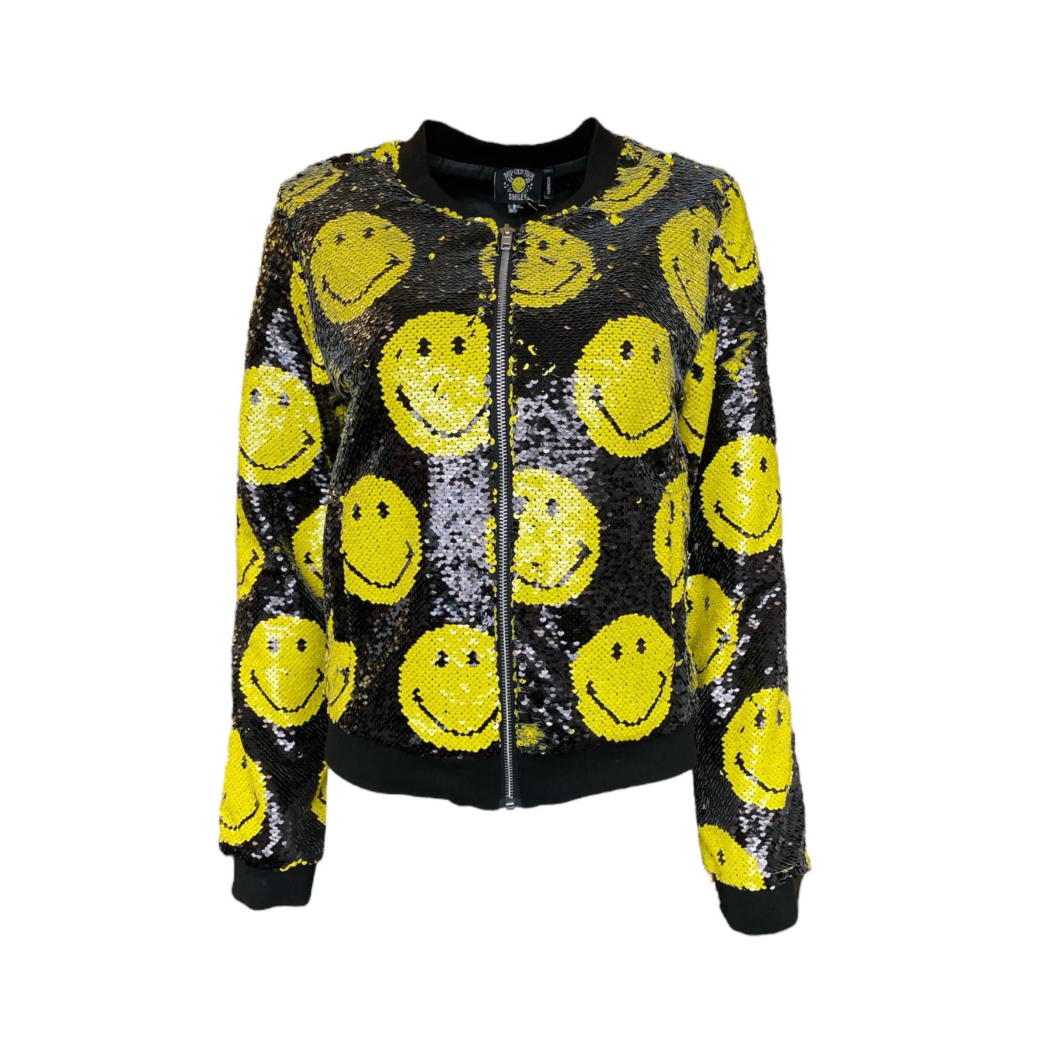 Women's Yellow / Black Yellow Smiley Reversible Sequin Bomber Jacket | Extra Large | Any Old Iron