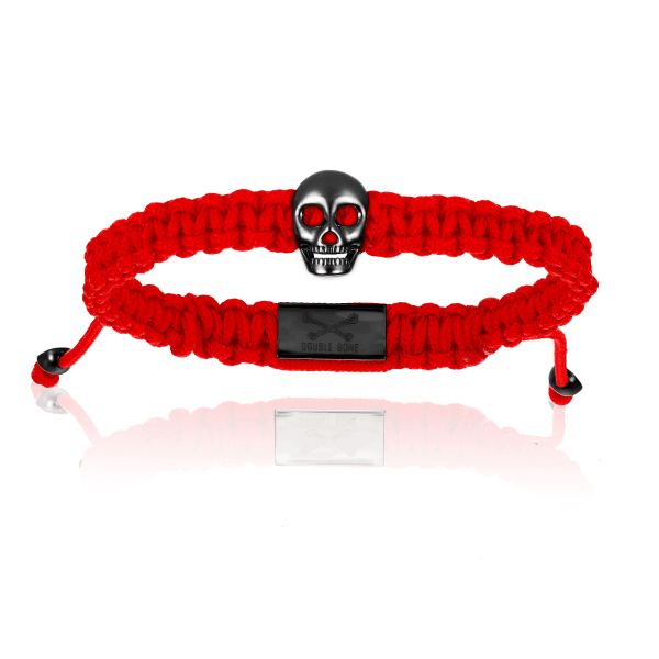 DOUBLE BONE BRACELETS MEN'S BLACK PVD SKULL WITH RED POLYESTER BRACELET UNISEX