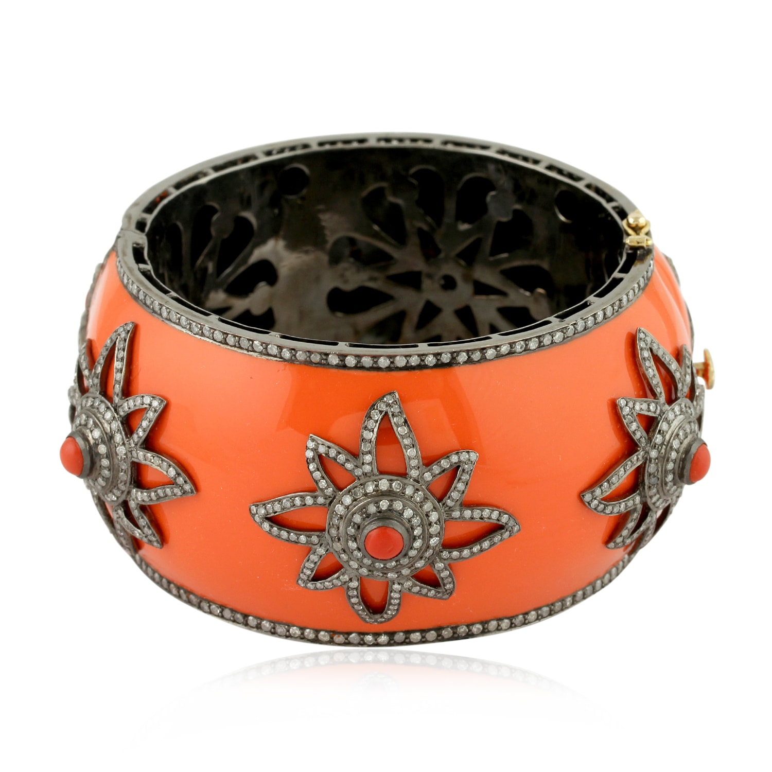 Women’s Gold / White 18K Gold 925 Silver & Diamond In Coral Floral Design Enamel Bangle Bracelet Artisan