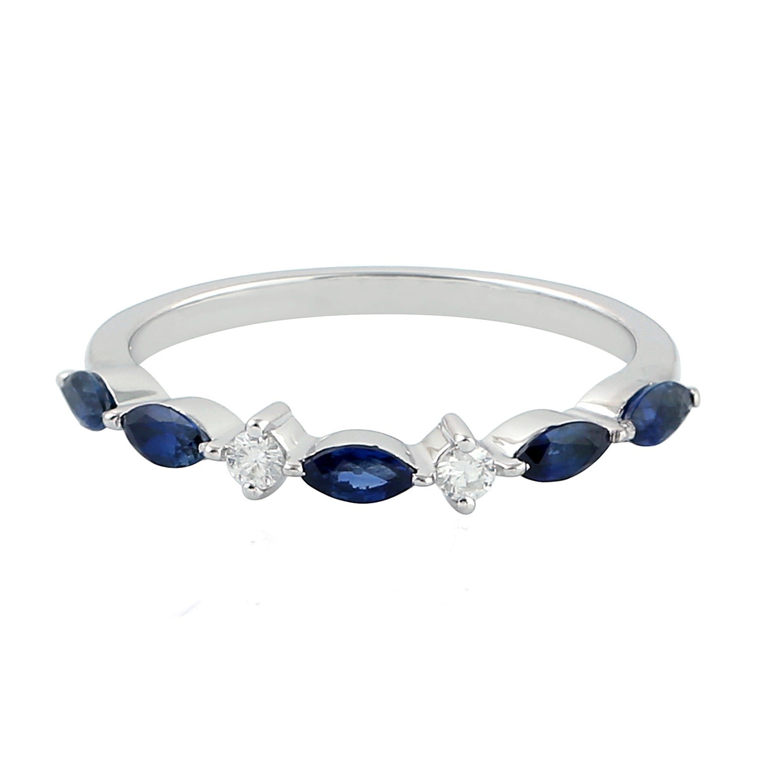 Women’s Blue / White 18K White Gold Natural Diamond Marquise Shape Blue Sapphire Band Ring Artisan