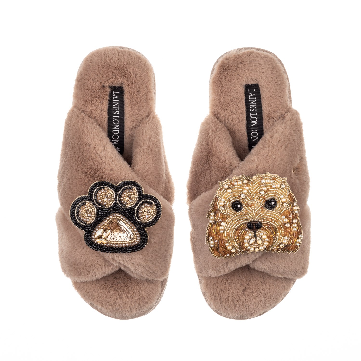 Laines London Women's Brown Classic Laines Slippers With Enki Doo The Cockapoo & Paw Brooches - Toffee In White