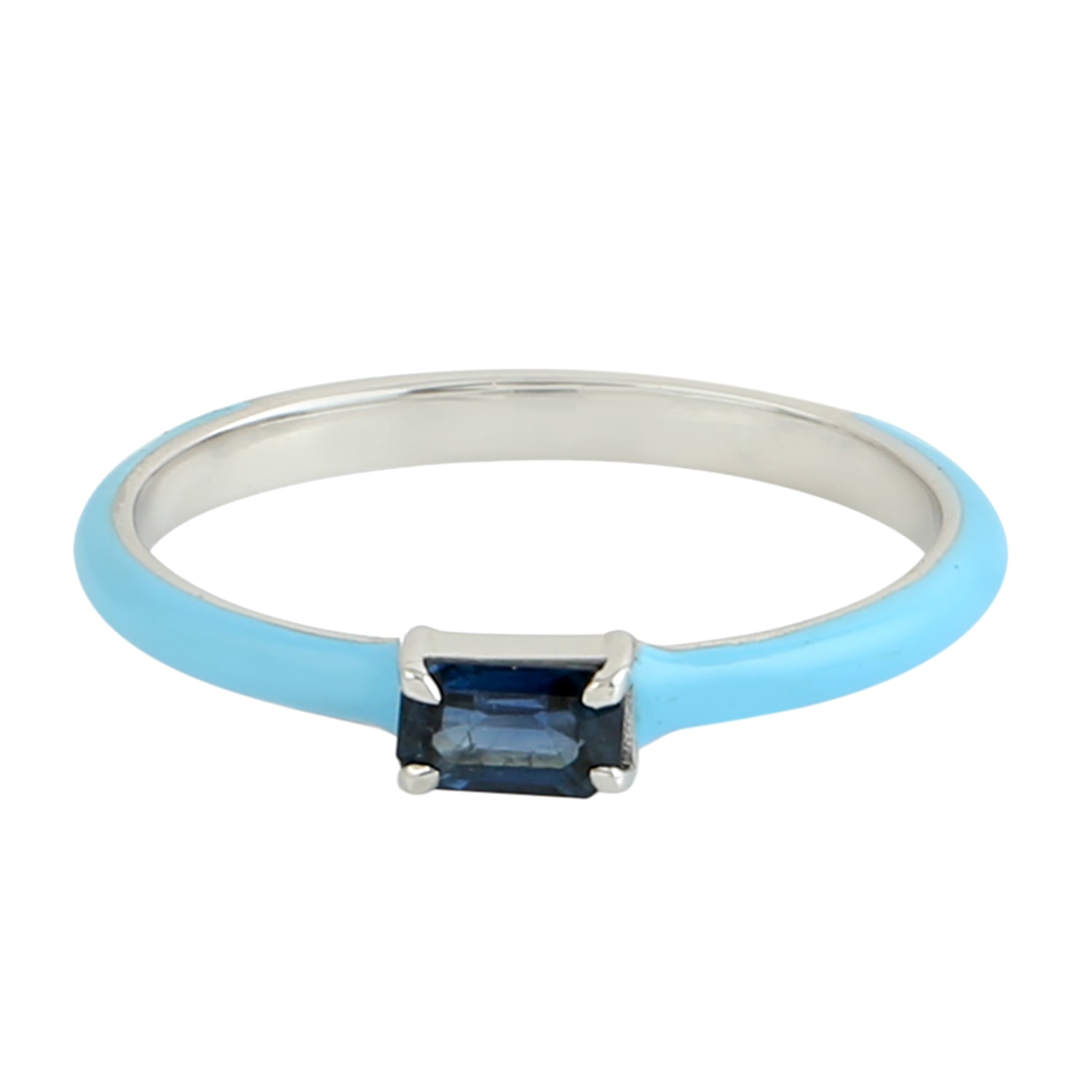 Women’s White / Blue Baguette Blue Sapphire In 14K White Gold With Enamel Single Stone Band Ring Artisan