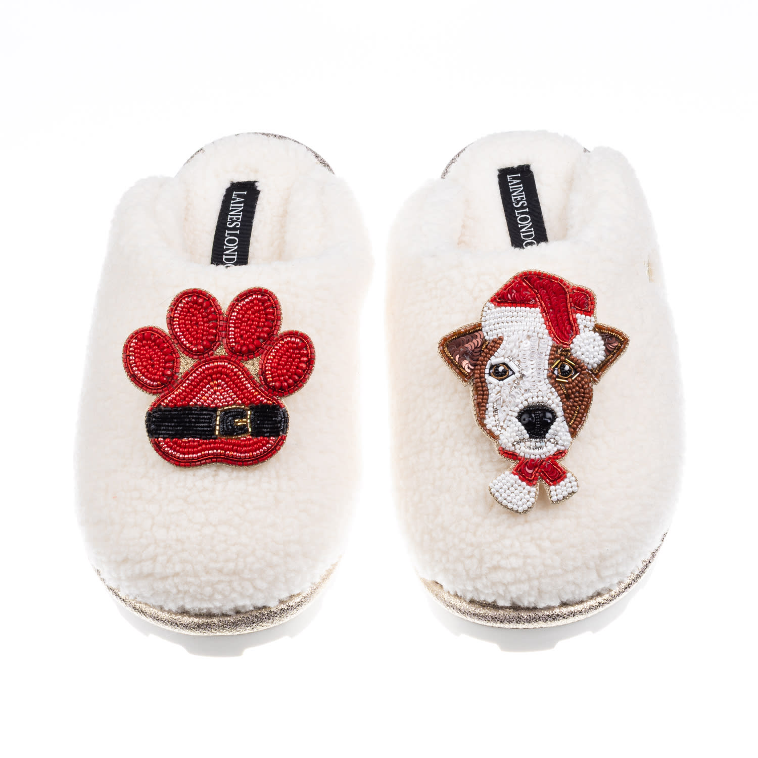 Laines London Women's Neutrals / White Teddy Closed Toe Slippers With Christmas Jack Russell & Paw Brooches - Crea In White